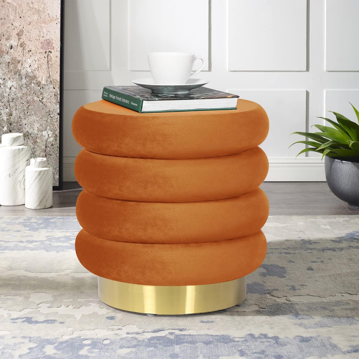 Adeco Round Ottoman Velvet Vanity Stool Chair with Metal Base, Modern Padded Footrest Stool Seat Footstool for Living Room Bedroom,Orange