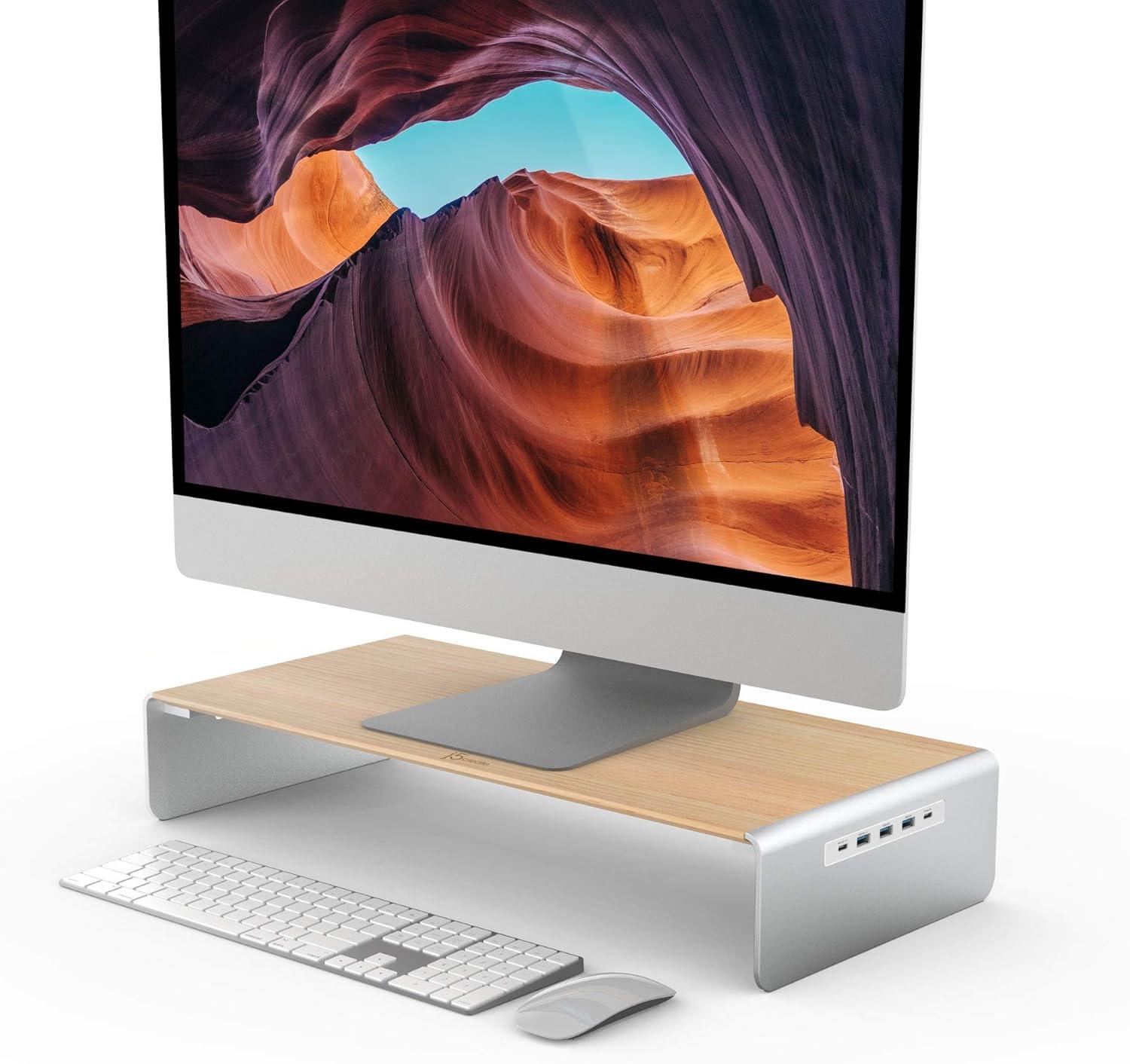 j5create Wooden Monitor Stand with USB Type C/HDMI Docking Station - USB 3.1 C to C Cable Included - Handmade Wood Panel with Aluminum Riser for Computer Screens, Laptops, TV