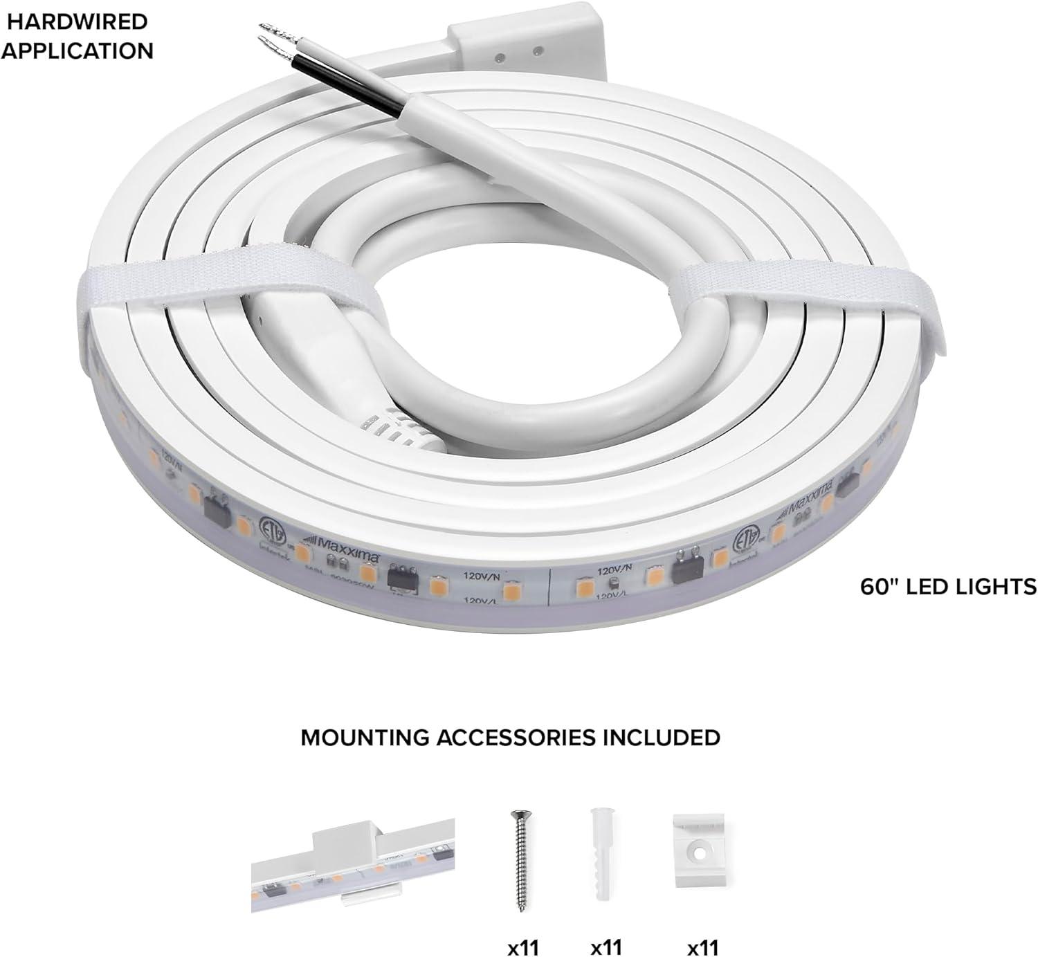 Maxxima 60 in. LED Under Cabinet Strip Light, Hardwired, 2300 Lumens, 3000K Warm White, 120V White Cove Light