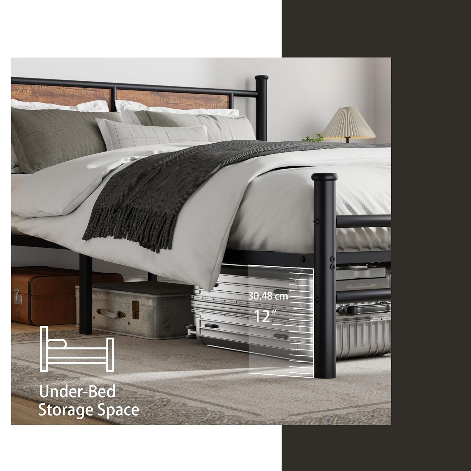 King Size Bed Frame with Rustic Wood Headboard, Metal Heavy Duty Platform, Sturdy Steel Slat Support, No Box Spring Needed, Black King Platform Bed Frame with Headboard