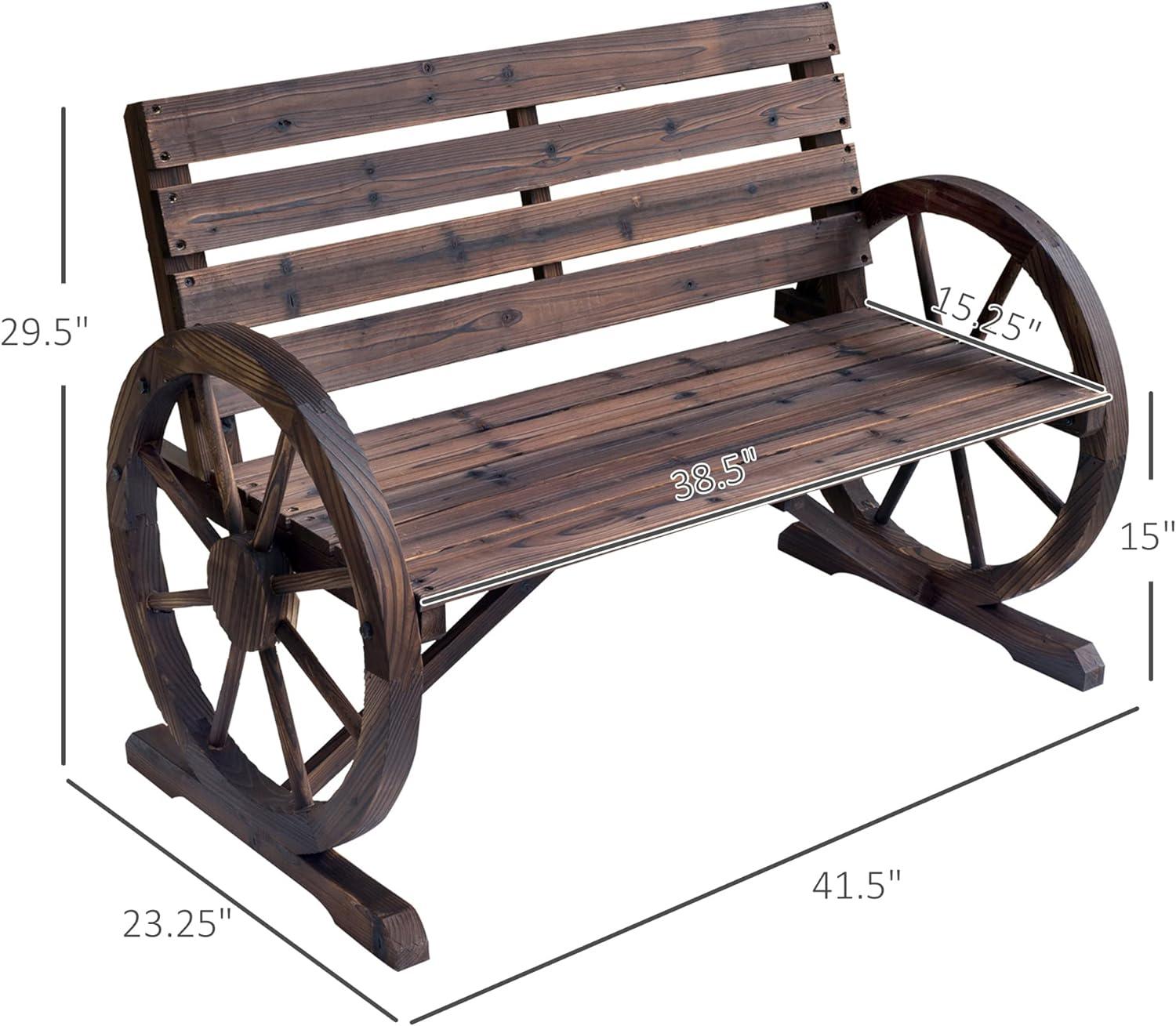 Outsunny Wooden Wagon Wheel Bench Rustic Outdoor Patio Furniture, 2-Person Seat Bench with Backrest Carbonized