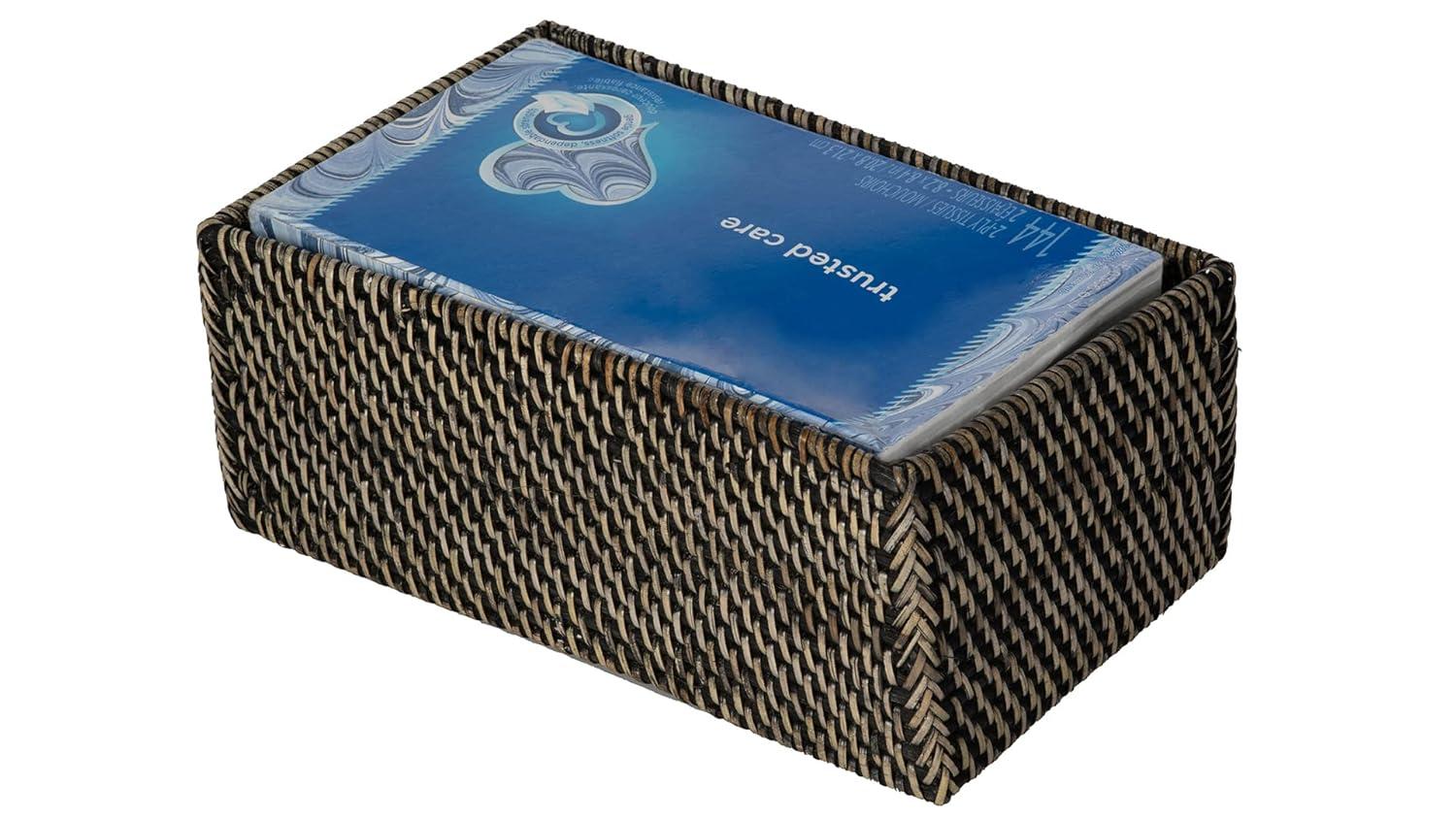 Kouboo Loma Rectangular Rattan Tissue Box Cover Holder, Wicker Decorative Tissue Holder for Living Room, Facial Napkin Holder, Black Antique