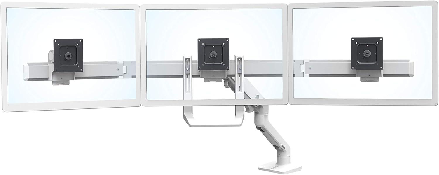 White Triple Monitor Arm Mount with Integrated Cable Management