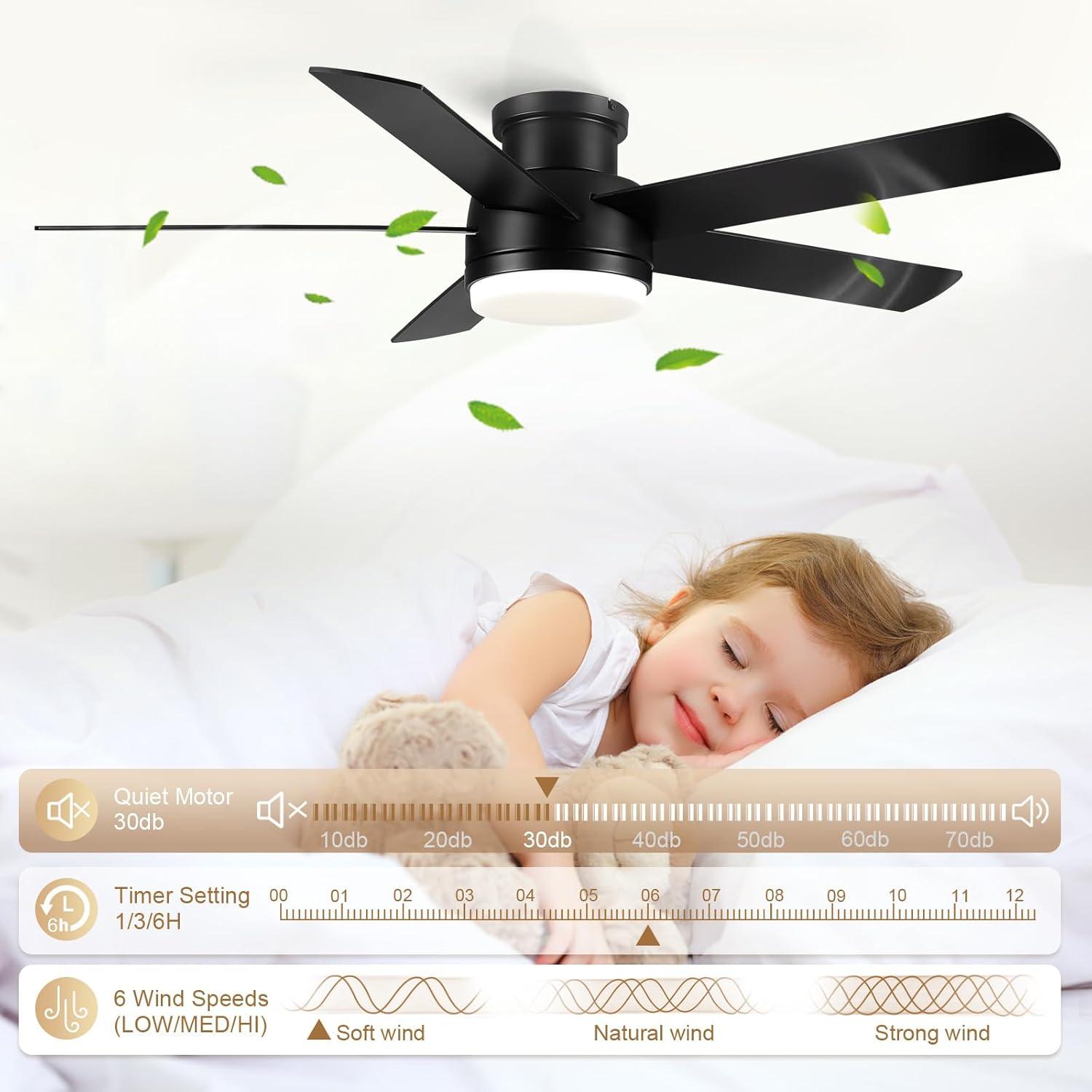 Low Profile 52" 5-Blades Indoor Flush Mount Ceiling Fan with Reversible DC Motor and Remote Control