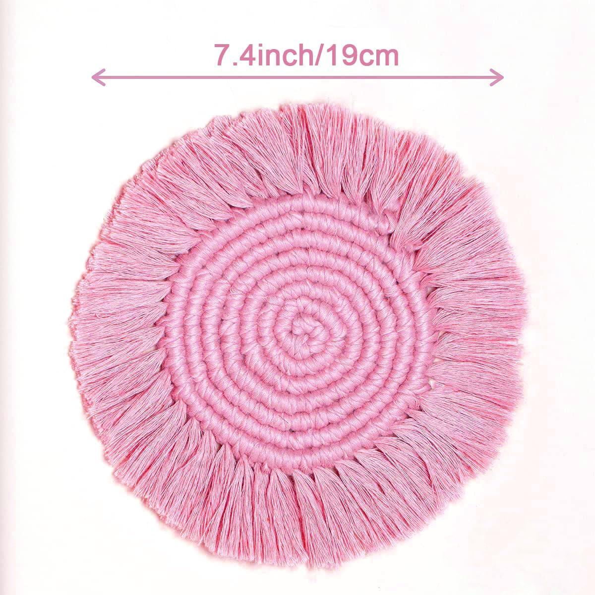2 Posavasos Bohemios de Macramé para Bebidas, Posavasos Absorbentes con Borla, Posavasos Redondos de Algodón Hechos a Mano de 7 Pulgadas para Mesa de Escritorio, Cocina, Oficina, Hogar, Bar, Protección de Mesa, Regalo de Inauguración de la Casa, Rosa