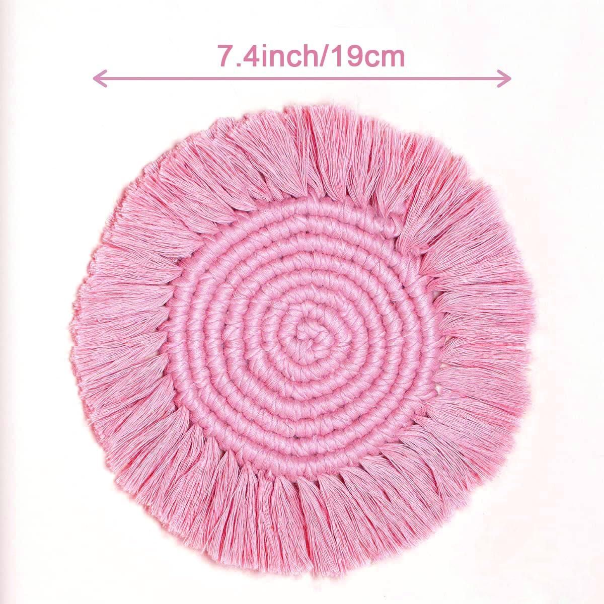 2 Posavasos Bohemios de Macramé para Bebidas, Posavasos Absorbentes con Borla, Posavasos Redondos de Algodón Hechos a Mano de 7 Pulgadas para Mesa de Escritorio, Cocina, Oficina, Hogar, Bar, Protección de Mesa, Regalo de Inauguración de la Casa, Rosa
