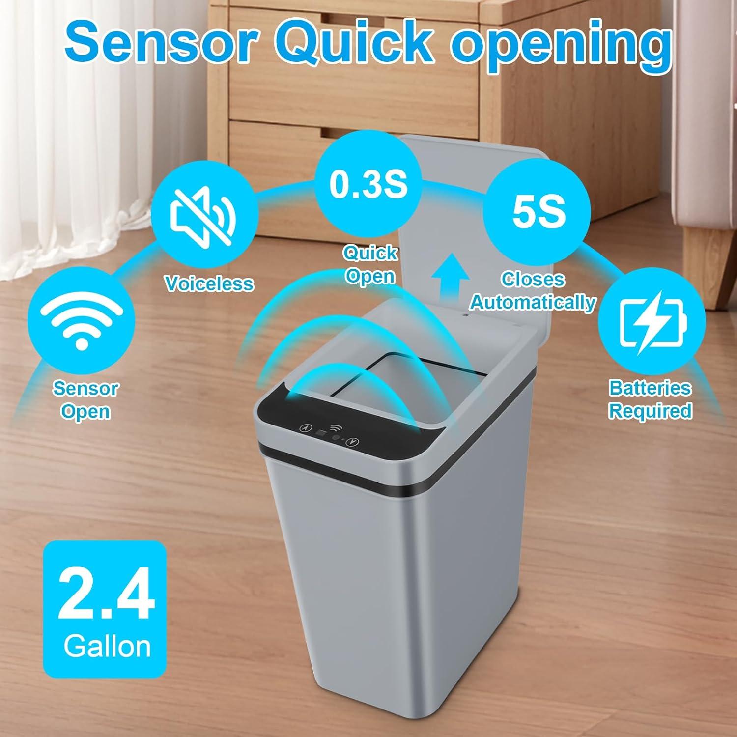 Bathroom Trash can,Smart Touchless Trash Can,Automatic Motion Sensor Trash Bin with Lid,2.4 Gallon Garbage Can, Kitchen, Bathroom, Office, Bedroom Trash can (Grey)