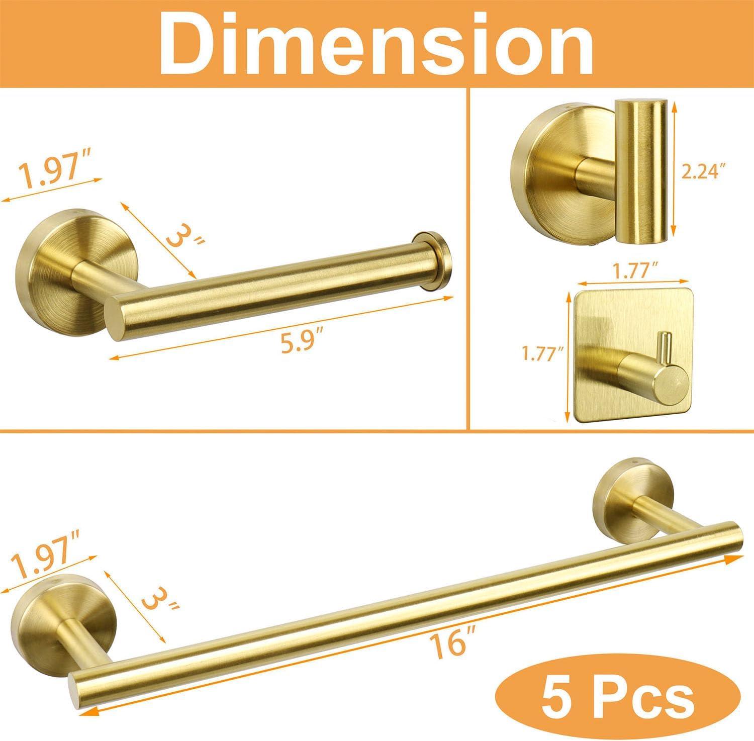 5 PCS Bathroom Hardware Set SUS304 Stainless Steel-Towel Rack Set Include Lengthen Hand Towel Bar+Toilet Paper Holder+3 Robe Towel Hooks Bathroom Accessories Towel Bar Set (Brushed Gold, 16IN)