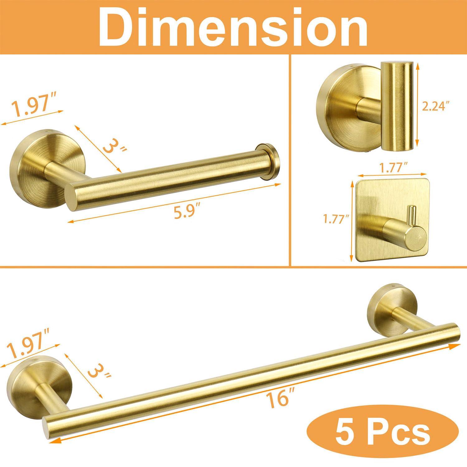 5 PCS Bathroom Hardware Set SUS304 Stainless Steel-Towel Rack Set Include Lengthen Hand Towel Bar+Toilet Paper Holder+3 Robe Towel Hooks Bathroom Accessories Towel Bar Set (Brushed Gold, 16IN)