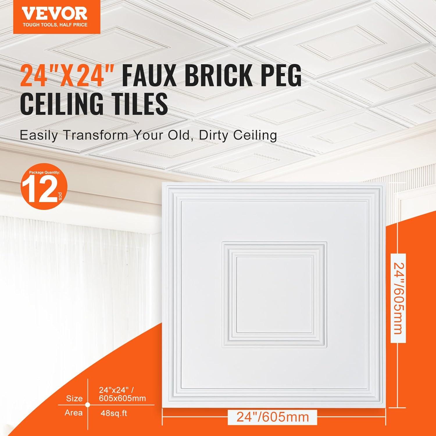 VEVOR Ceiling Tiles 12-Pack 24 x 24 in PVC Easy Installation White Geometric (Set of 12)