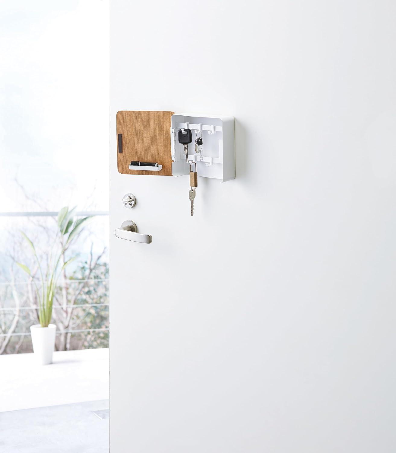Yamazaki Home Square Magnetic Key Cabinet, Wood Accented Keychain Organizer, Steel + Wood, Magnetic