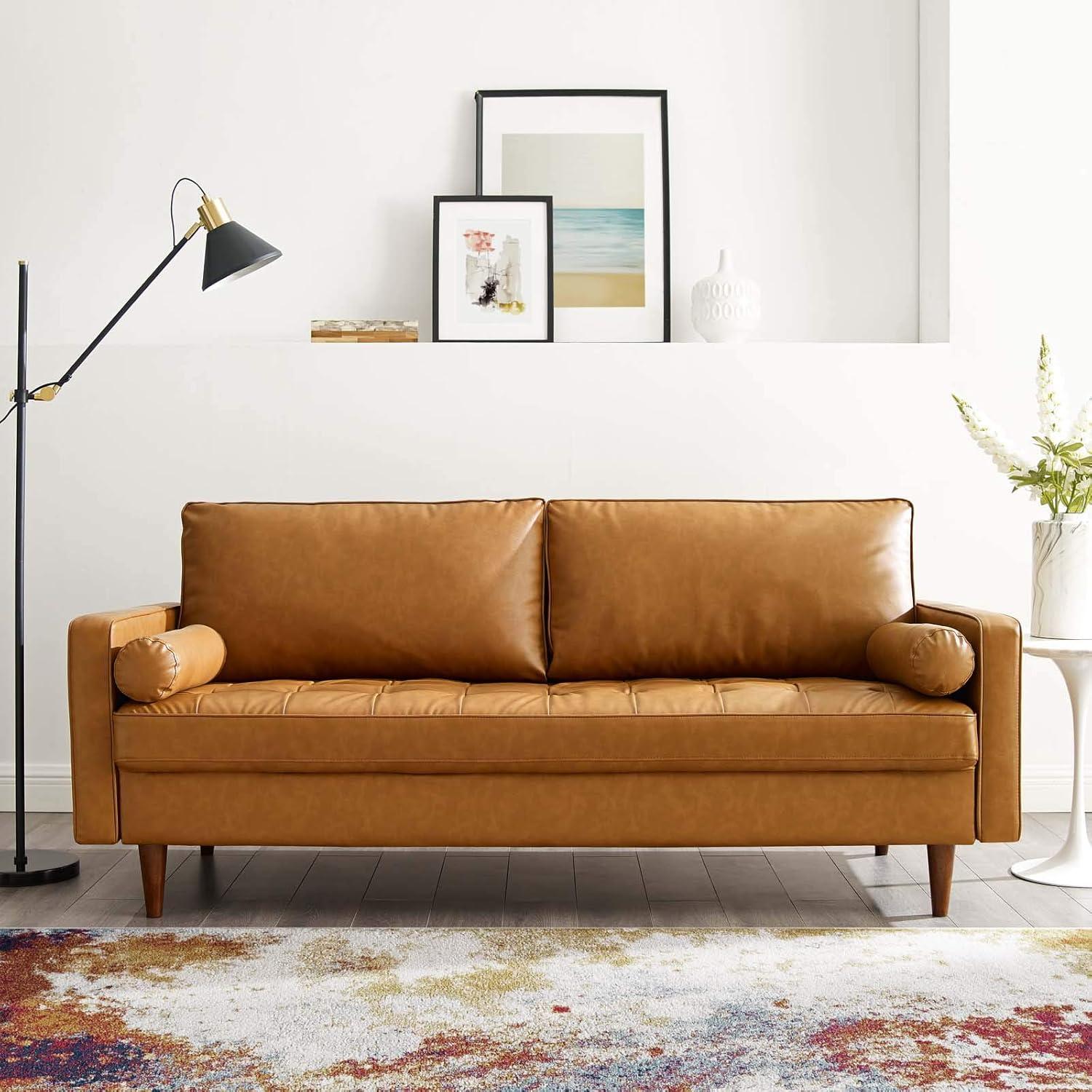 Brown Tufted Faux Leather Sofa with Walnut Wood Legs