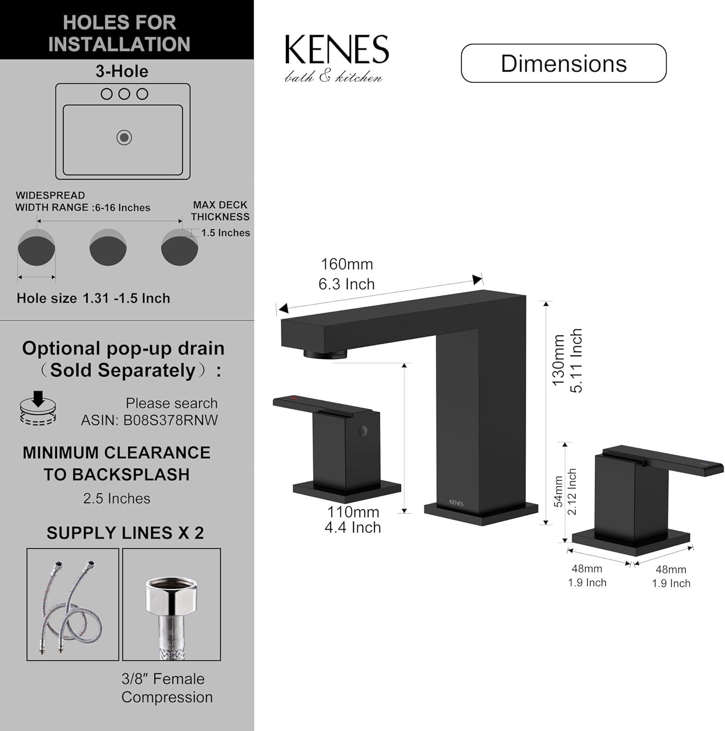 KENES Matte Black Widespread Bathroom Faucet Two Handle Bathroom Sink Faucets Black 3 Hole, 8-Inch 3 Pieces Bathroom Vanity Faucet Lavatory Faucet with Supply Lines, KE-9050-2
