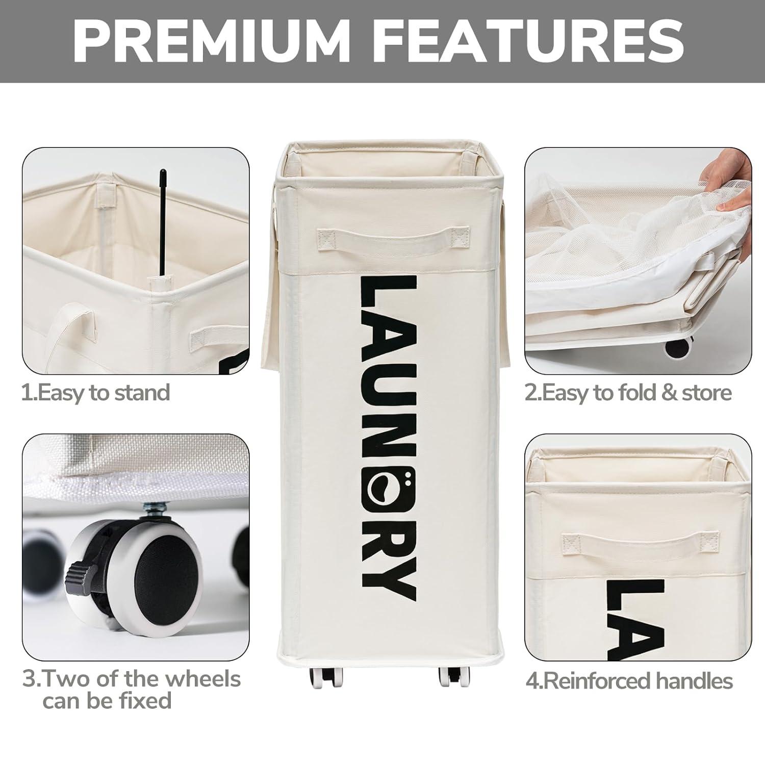 CHICVITA 2-Pack Laundry Baskets with Wheels and Handle,75L Collapsible Clothes Basket with Removable Wash Bags for Dorms and Corners, White Rolling Laundry Hamper