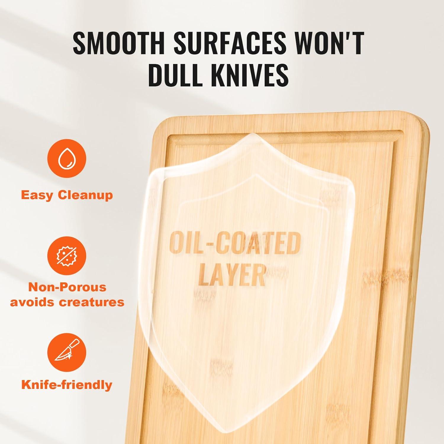 VEVOR Cutting Board 3 Pieces, Premium Versatile Bamboo Cutting Board, Food-Grade Oil and Juice Groove,Sturdy Durable Chopping Board, Built-in Handle, Wooden Cutting Board for Display Chopping Serving