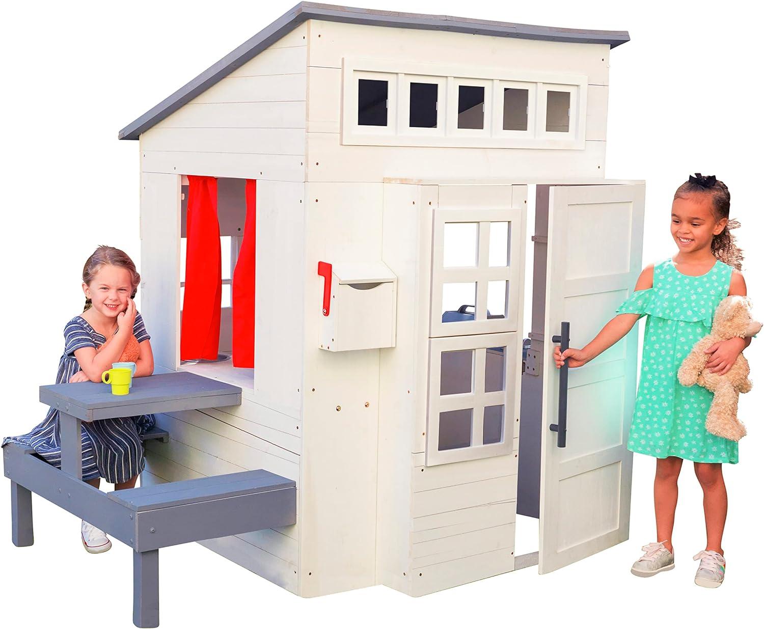 KidKraft Modern Outdoor Wooden Playhouse with Picnic Table, Mailbox & Outdoor Grill, White