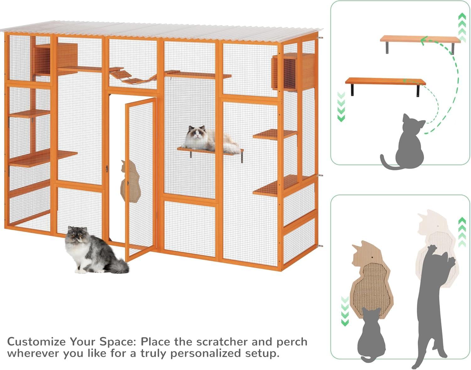 COZIWOW Outdoor Cat Enclosure, Catio Pet Safe House, 104" Extra Large Indoor Window Box with 7 Platforms, Resting Houses, and Walk-In Door, Orange