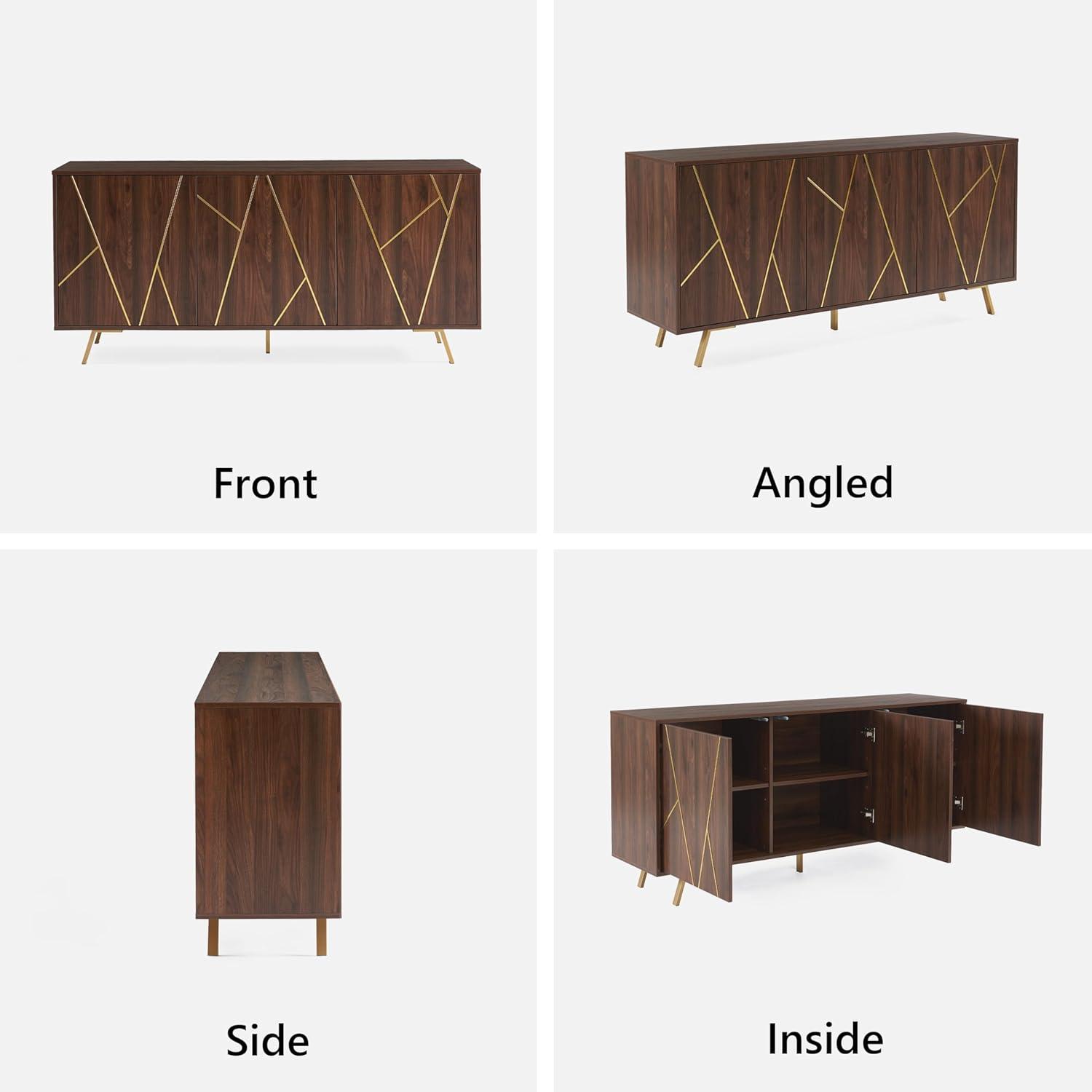 63'' Dark Walnut and Gold Mid Century Modern Sideboard Buffet