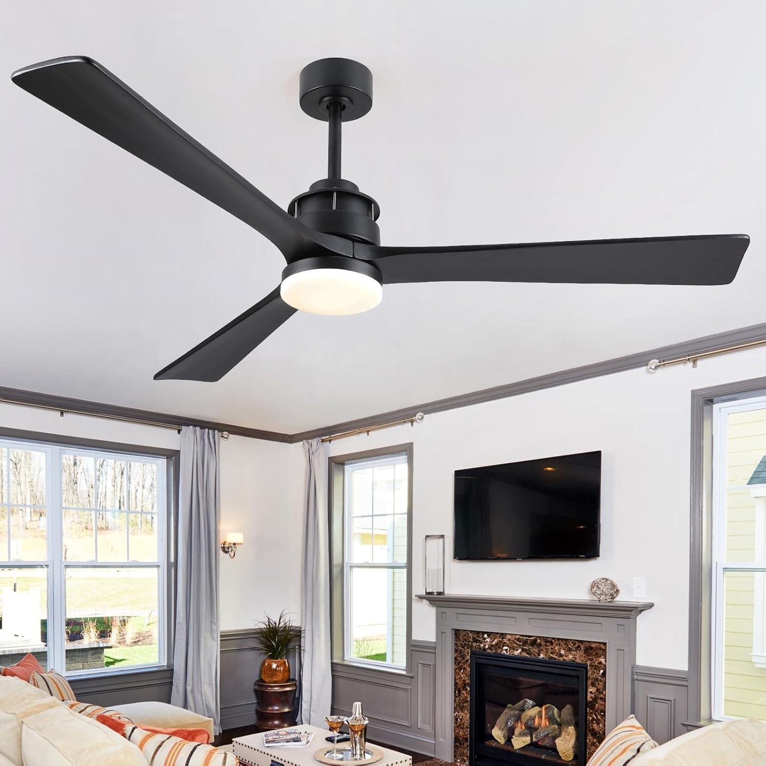 60" Black Modern Ceiling Fan with Wooden Blades and LED Light