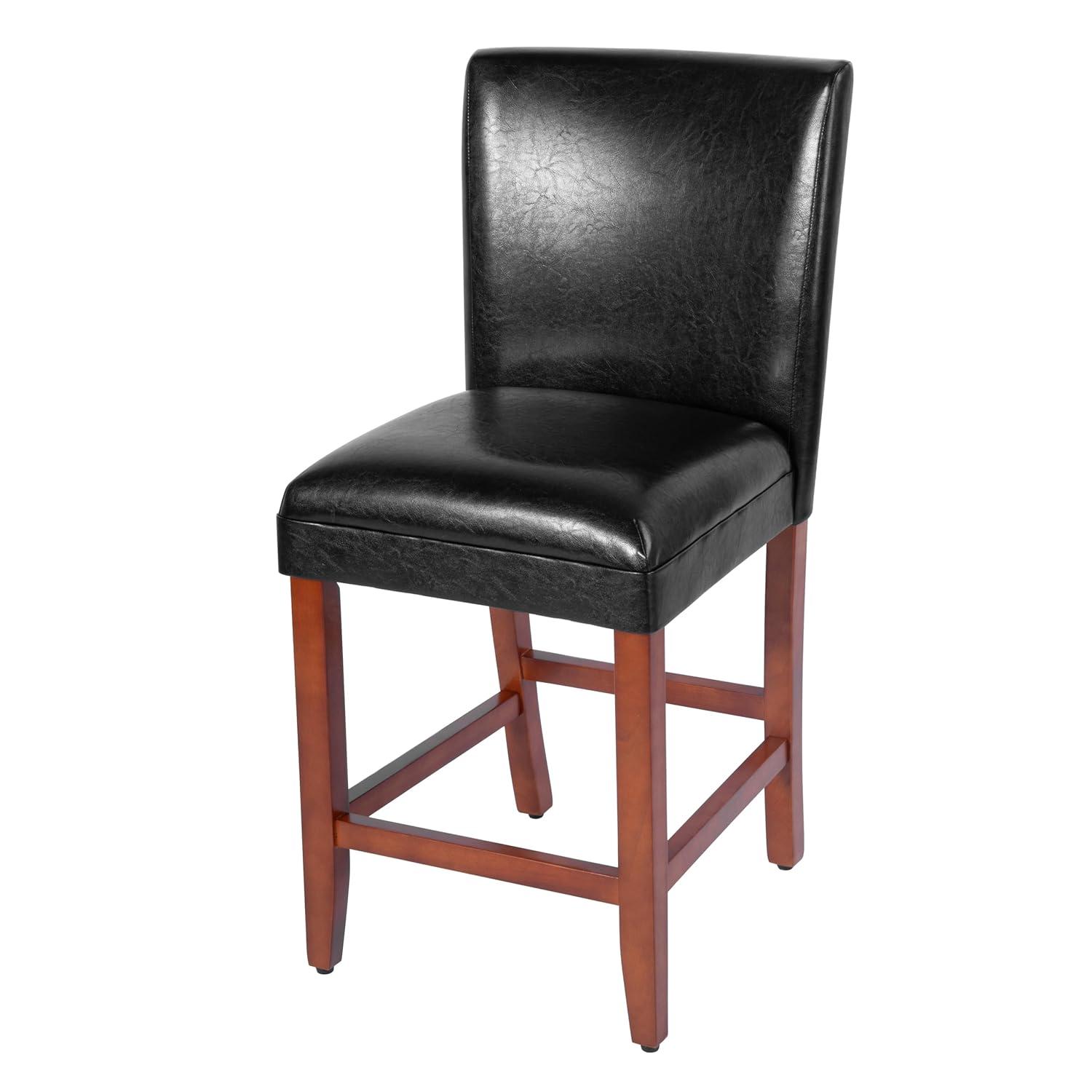 24" Faux Leather Luxury Counter Height Barstool Black - HomePop: Rubberwood Legs, Padded Back
