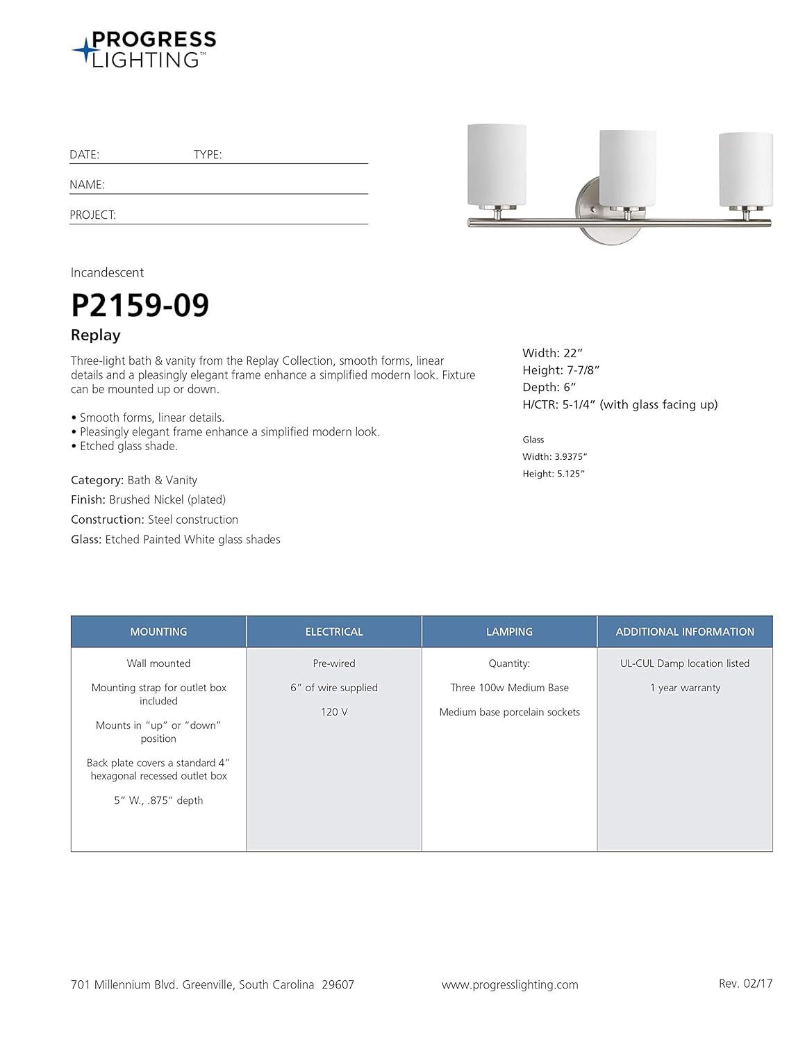 Progress Lighting Replay Collection 3-Light Bath Vanity, Brushed Nickel, Shade Included