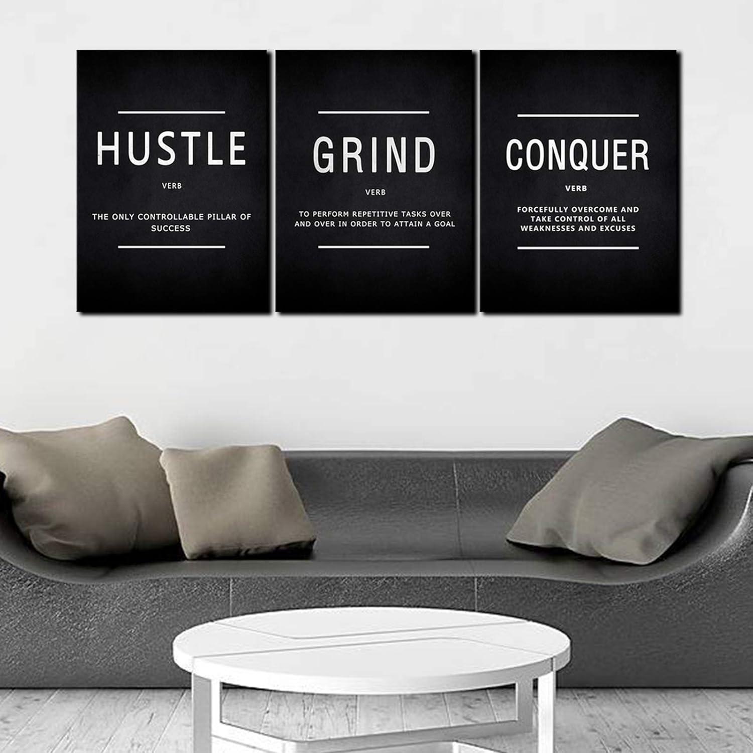 Success Quotes Wall Art, Grind Hustle Conquer Motivation Wall Poster Framed Positive Sayings Wall Hanging Inspirational Quotes for Home Office Workplace - 12x16inx3pcs