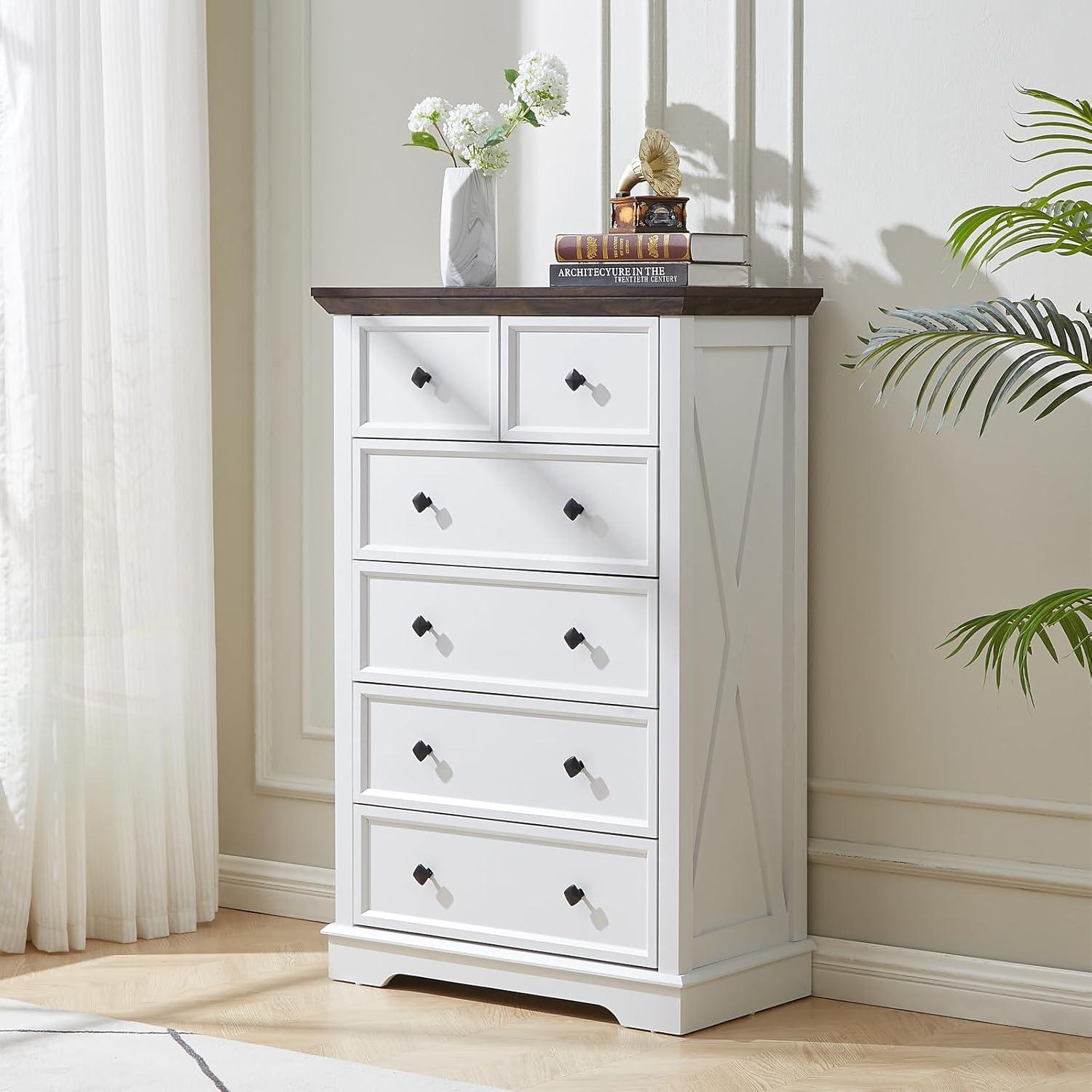 White Farmhouse 48" Tall 6-Drawer Wood Dresser