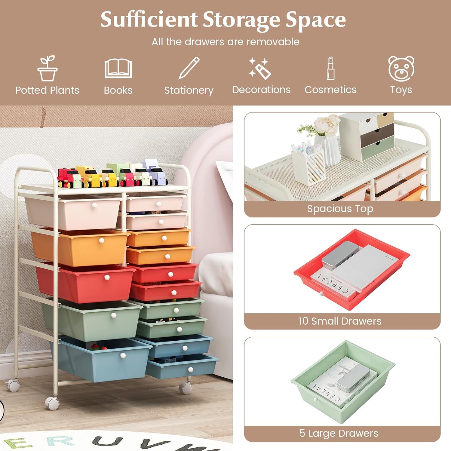 Multicolor 15-Drawer Rolling Storage Cart with Metal Frame