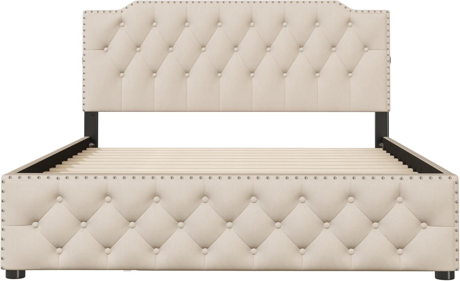 Harper & Bright Designs Queen Size Upholstered Platform Bed with Twin Size Trundle and 2 sets of USB Ports on each side, Linen Fabric, Beige