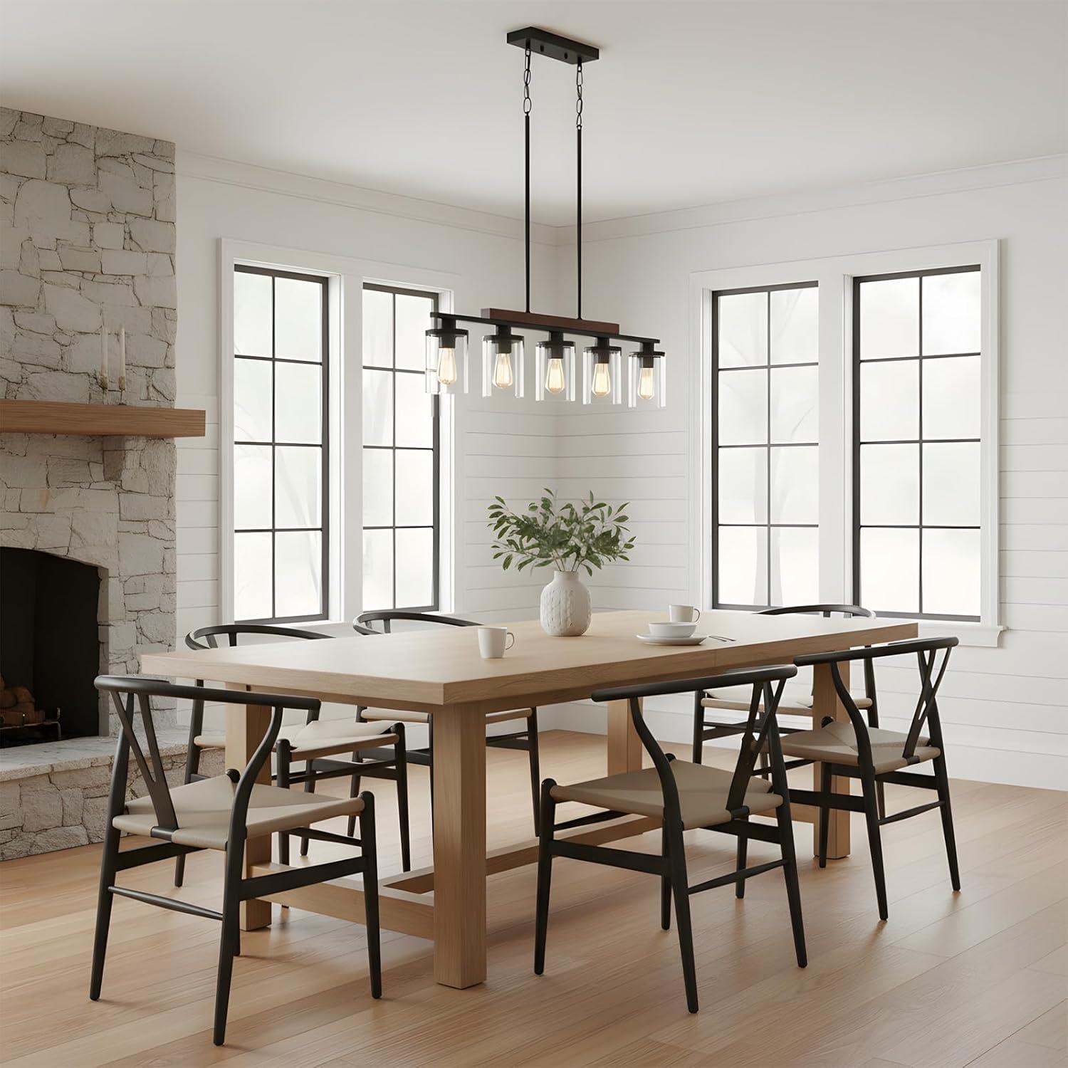 Black Farmhouse Chandelier, 5-Light Island Lights for Kitchen in Metal Finish with Clear Glass Shades, 37" Dining Room Chandelier, Linear Pendant Lighting for Foyer, Bar, Pool Table