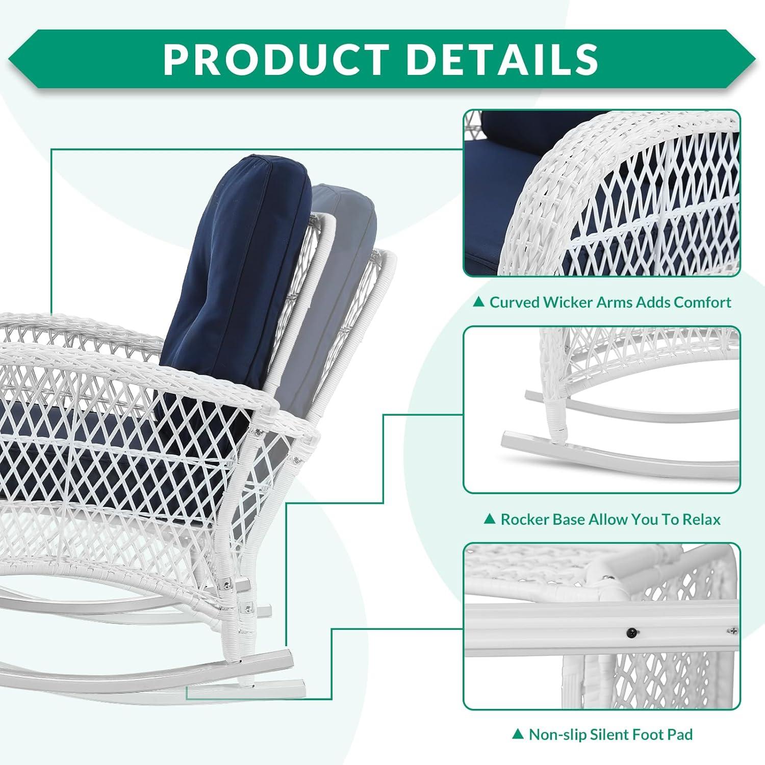 Beachcrest Home™ Beachcrest Home Outdoor Wicker Rocking Chairs Set Of 2, Rattan Patio Rocker Chairs With Thick Cushions And High Back, All-Weather Patio Wicker Chair With Safe Rocking Design For Garden, White Wicker