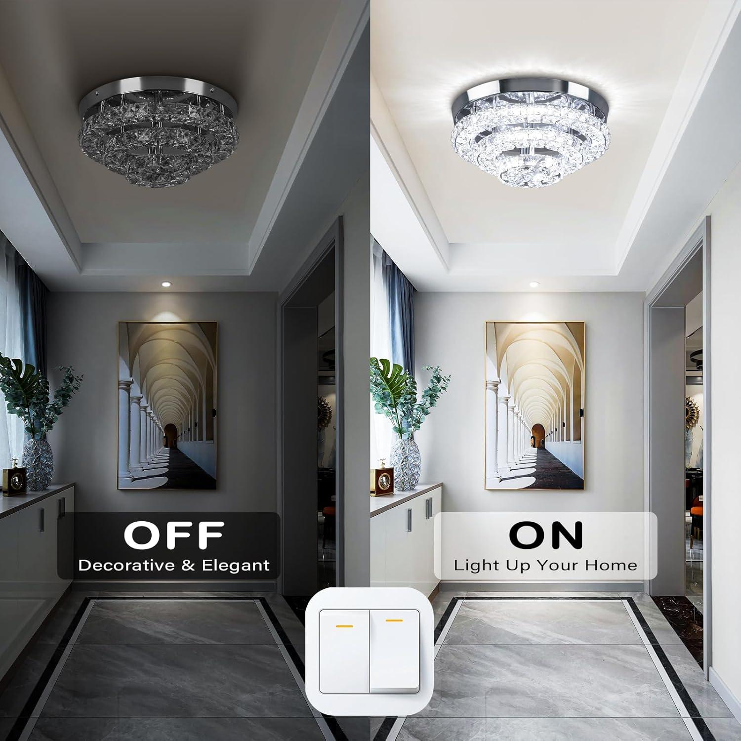 11.8" Crystal Chandeliers Modern Crystal Ceiling Light LED Chandeliers Semi Flush Mount Chandelier Crystal Ceiling Light Fixture for Bedrooms Dining Living Room Hallway (6500K Cool White)