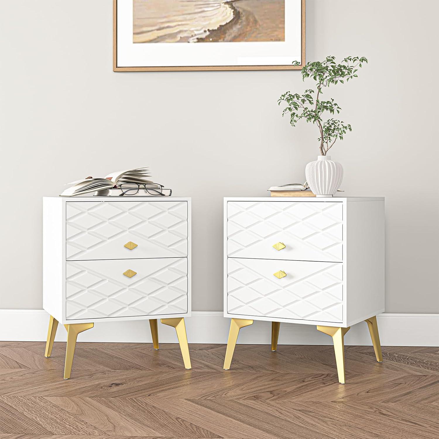 White and Gold Nightstand Set of 2,Modern Bedside Table with 2 Drawer for Bedroom,End Side Table with Gold Legs for Living Room,White Night Stand Set 2 for Bedroom