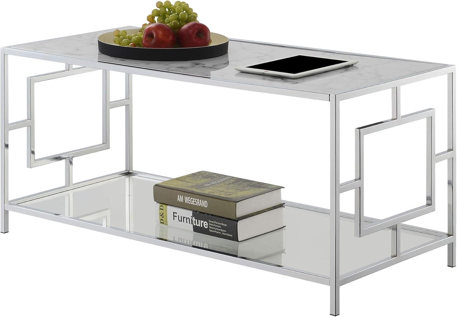 Convenience Concepts Town Square Chrome Coffee Table, Faux White Marble/Chrome Frame