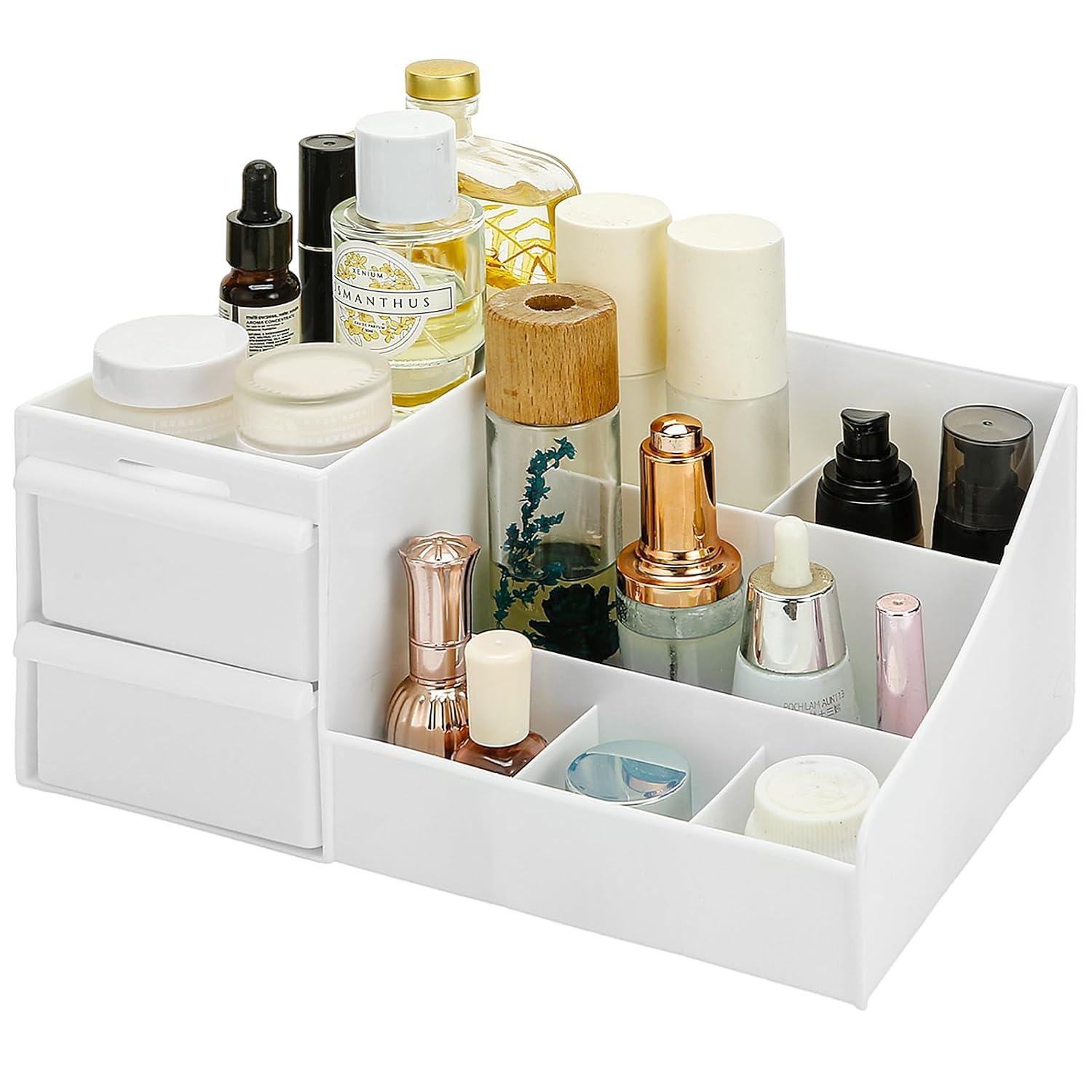 skin care organizer,Makeup Desk Organizer With Drawers,Countertop Organizer for Cosmetics,Vanity brush with Holder for Lipstick, Brushes, Eyeshadow, and Jewelry Desktop Finishing Dresser (White)