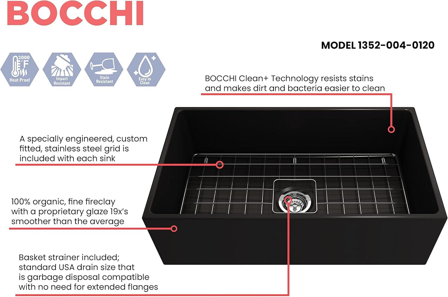 BOCCHI Contempo Farmhouse Apron Front Fireclay 33 in. Single Bowl Kitchen Sink with Protective Bottom Grid and Strainer in Matte Gray