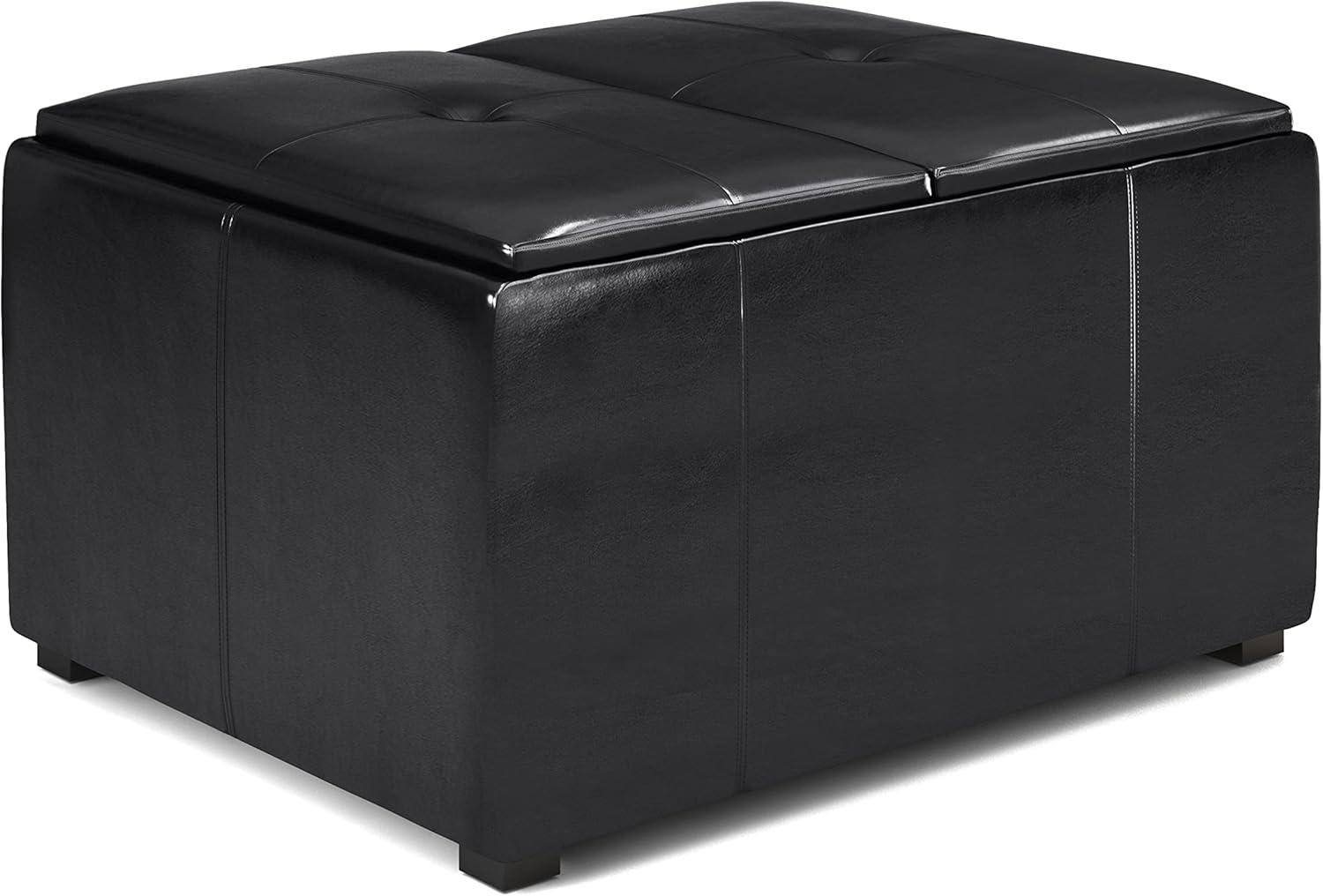 Midnight Black Tufted Faux Air Leather Cocktail Ottoman with Tray