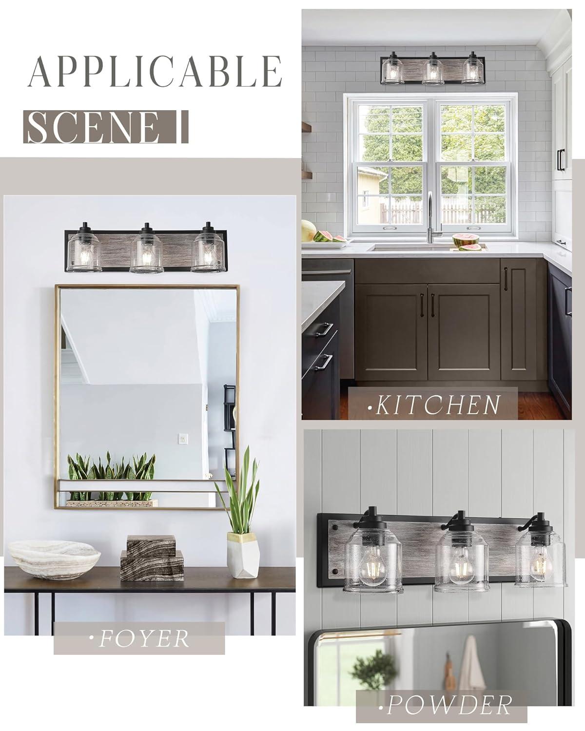 Vanity Lights for Bathroom Large 23", Farmhouse Rustic Vanity Light with Bubble Glass Shades, Black 3 Light Bathroom Lighting Fixtures Over Mirror, Bath Wall Sconce Home Decor