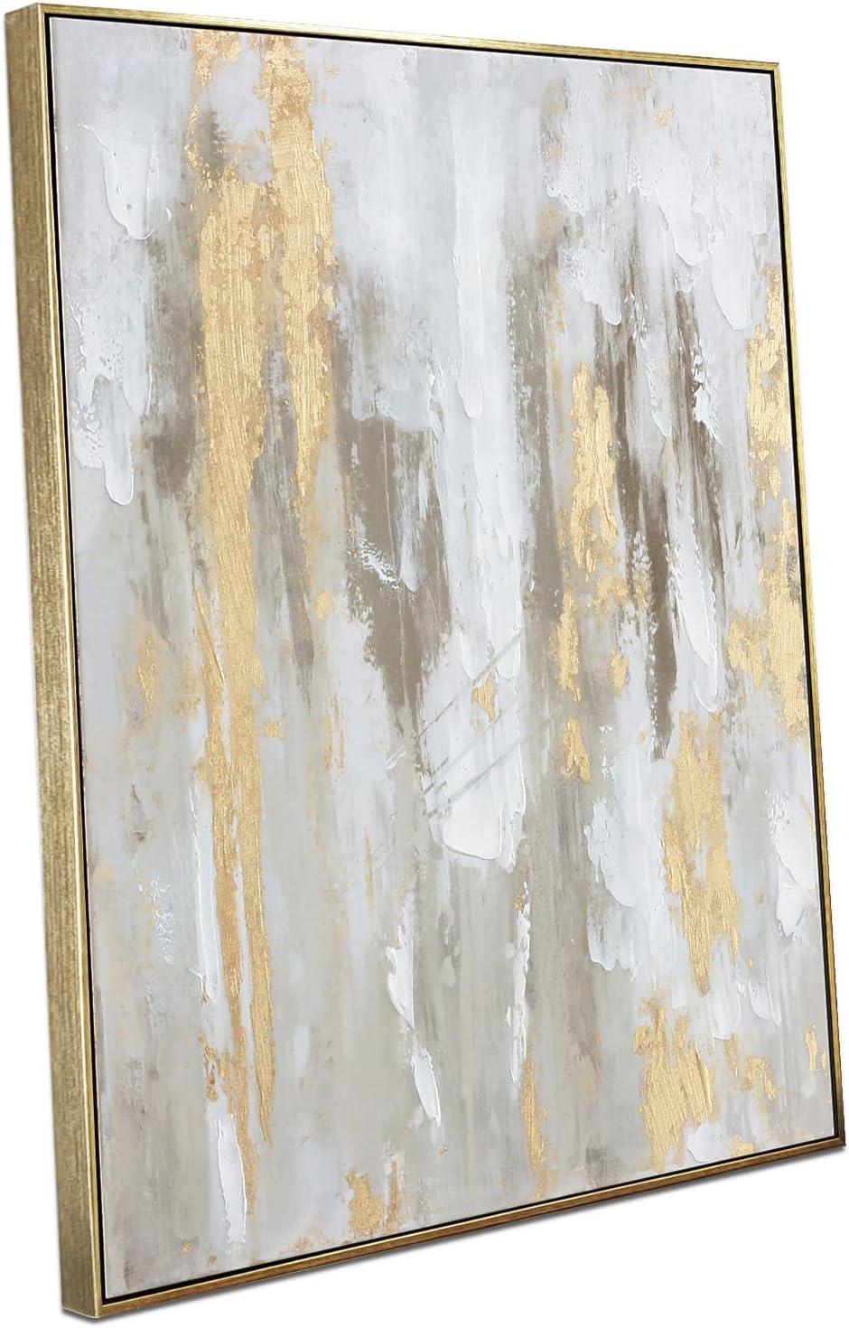 Gold Abstract Wall Art Decor - Framed Texture Paintings Modern Canvas Artwork with Hand-Painted Gold Foil for Modern Style Decor, Ready to Hang