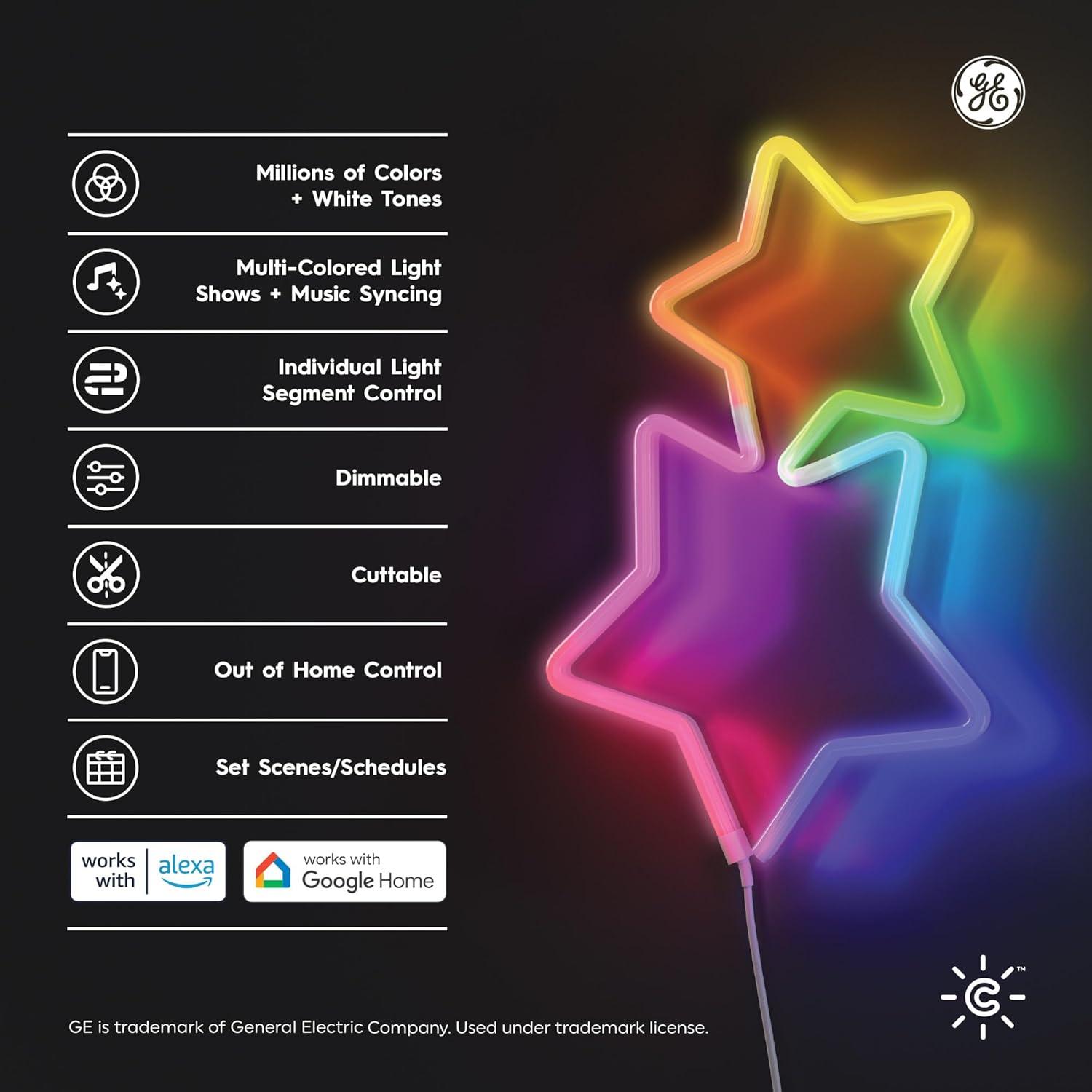 GE Lighting GE Cync Dynamic Effects Smart Neon Shape Light, Color Changing WiFi Lights, 16ft