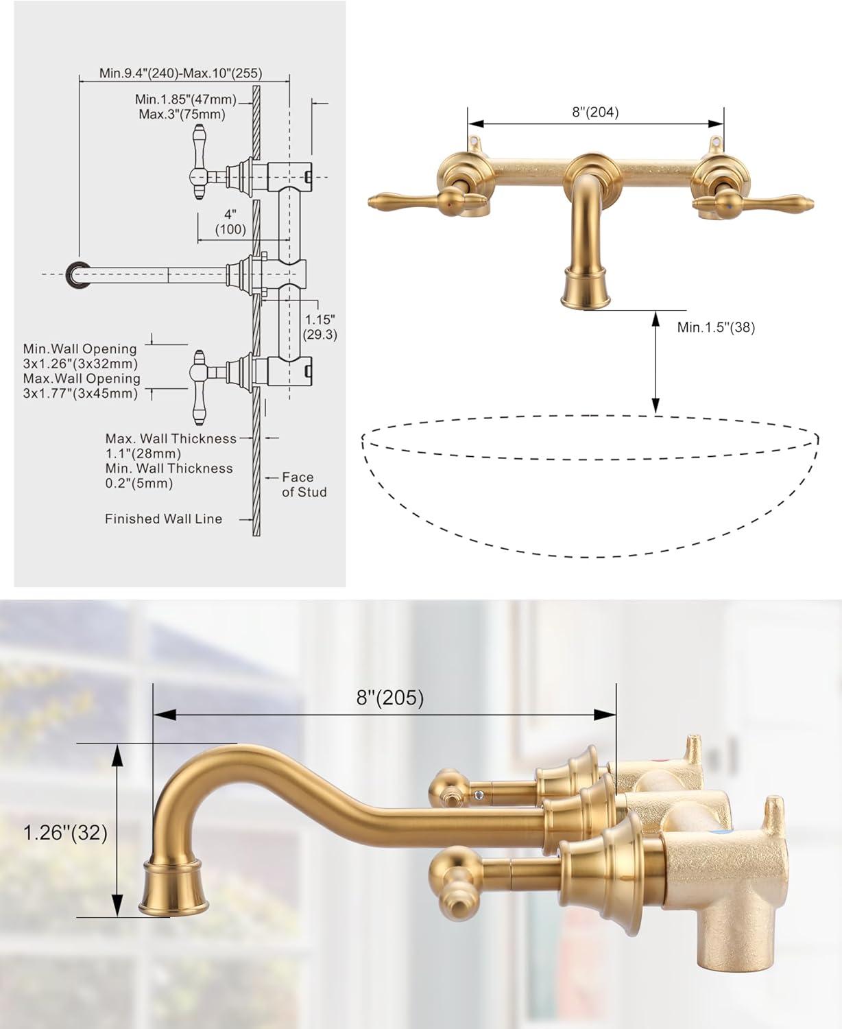 Gold Antique Brass Wall Mount Bathroom Faucet with Dual Handles