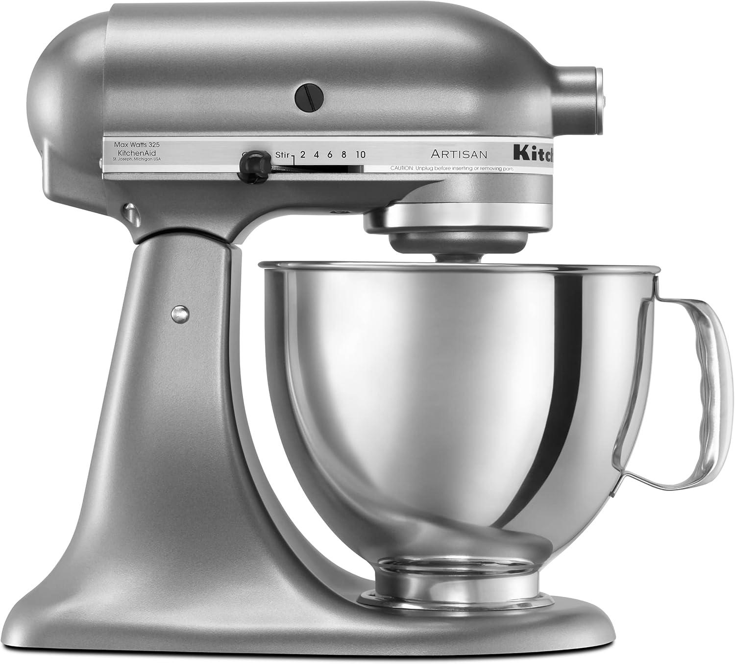 KitchenAid Artisan Series 5qt Tilt-Head 10-Speed Stand Mixer Contour Silver: 325W Metal, 1-Year Warranty, 5qt Capacity