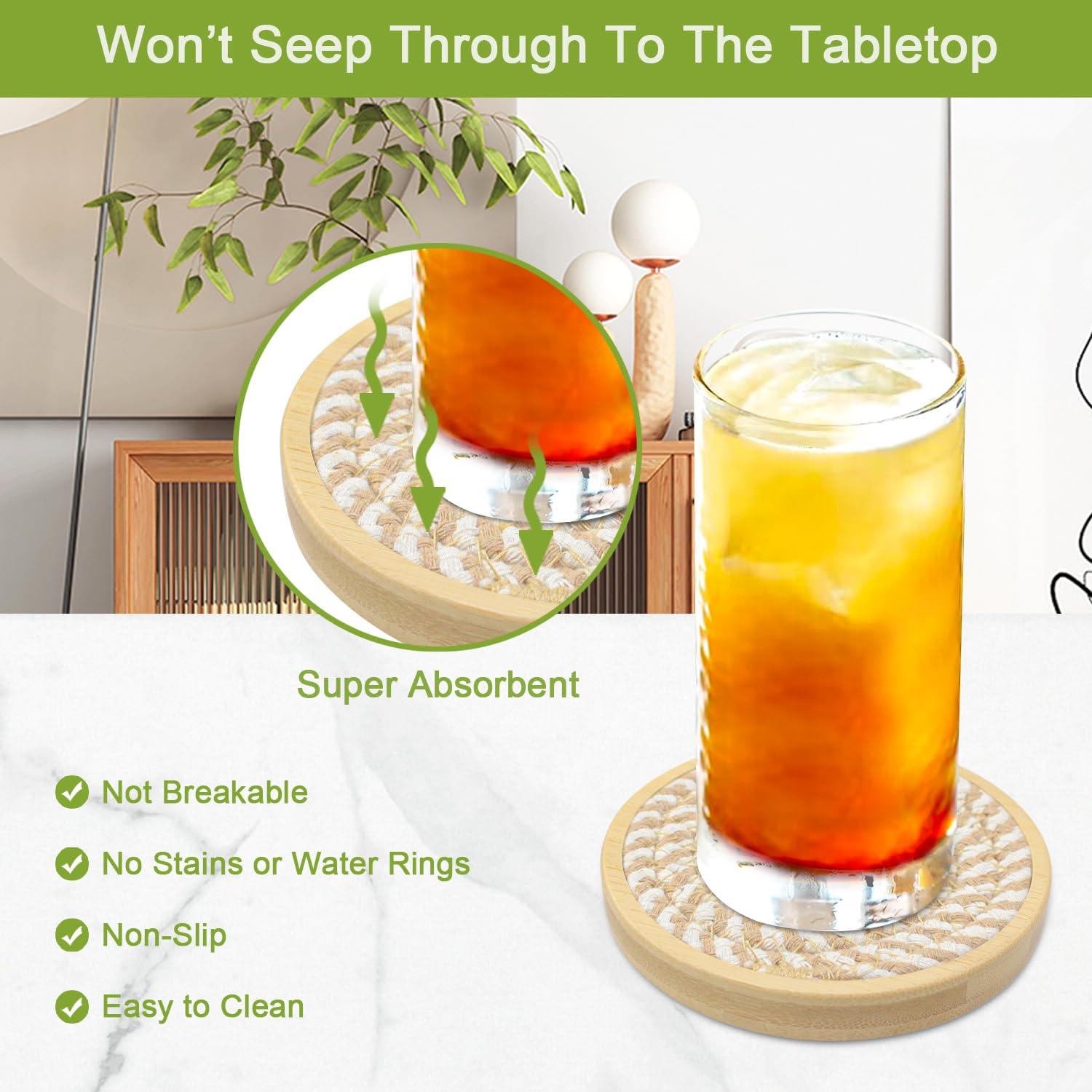 Wood Coasters for Drinks, Absorbent Coaster Sets of 5, Woven Drink Coasters for Coffee Table, Housewarming Gift for Farmhouse Home Decor,4 inches #1 Brown 5 Pack