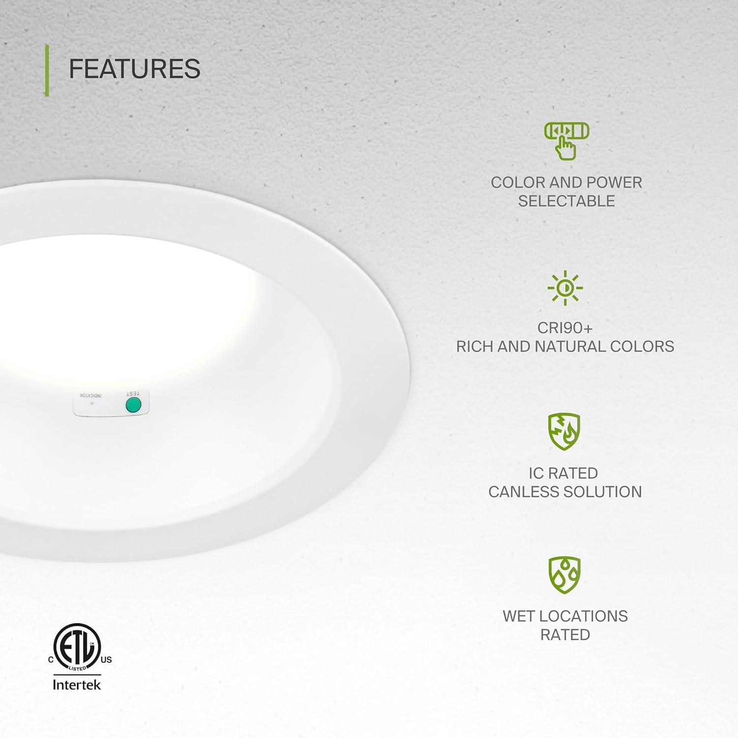 ASD Commercial LED Downlight 8 Inch with Emergency Battery Backup 15W, Power Adjustable Downlights 16/22/26/30/35W, Canless Recessed Lighting 120-277V, 5 CCT 2700K-5000K, Dimmable, IC Rated, White ETL