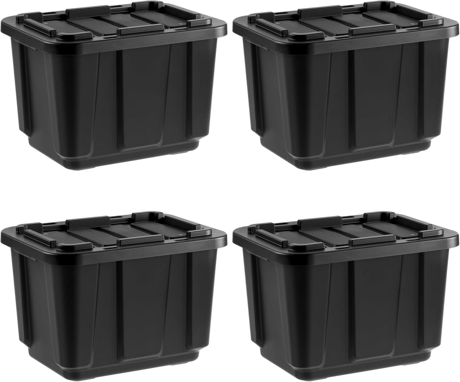 Black Heavy-Duty Stackable Plastic Storage Bins with Lids, Set of 4