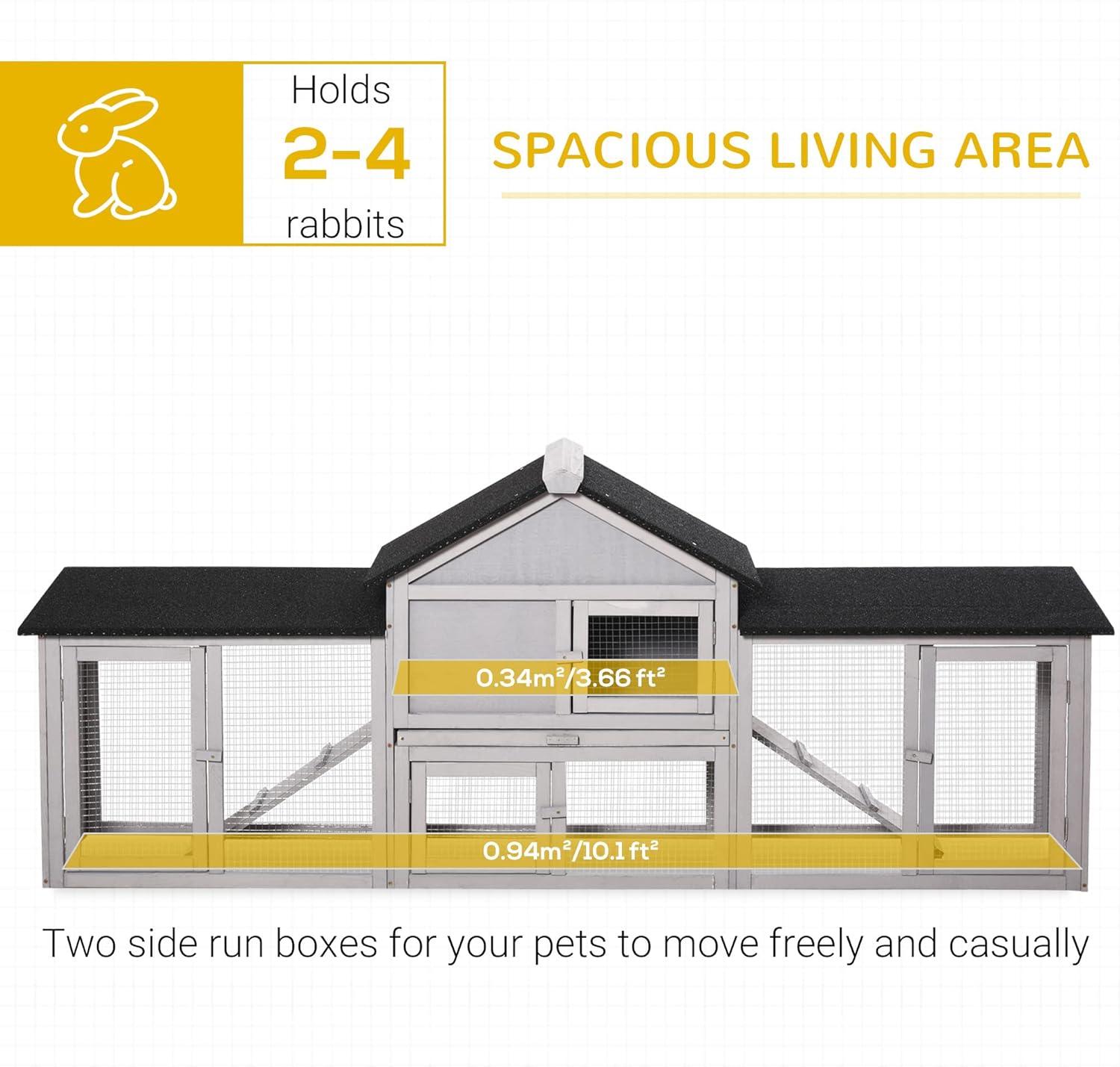 PawHut 83" Wooden Rabbit Hutch Large Bunny Hutch House with Double Run, Removable Tray and Waterproof Roof for Outdoor, Gray