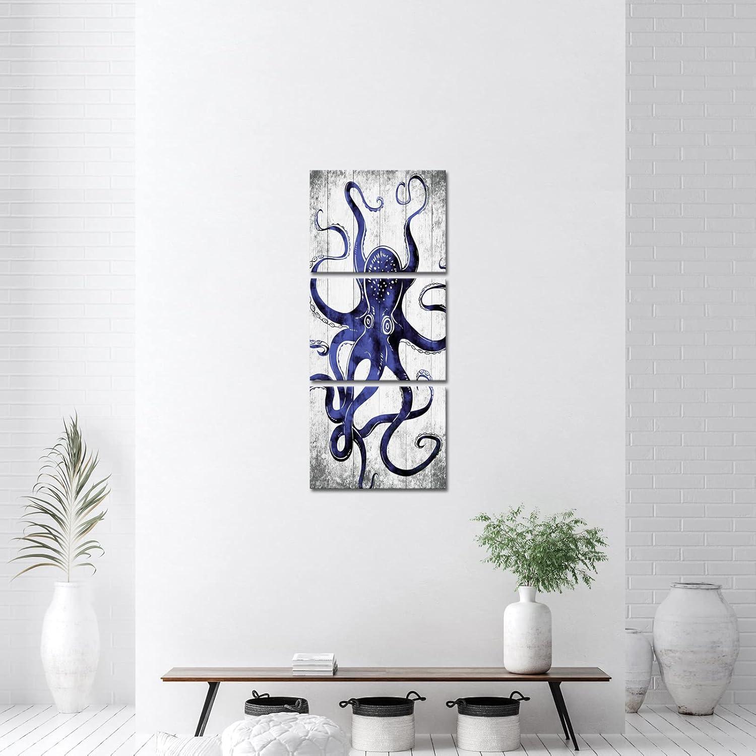 3 Piece Octopus Wall Art Painting Navy Blue Marine Animal Picture Print On Canvas Ocean Life Poster for Bathroom Bedroom Home Decor Decoration Gift Easy To Hang 12"x16"x3PCS