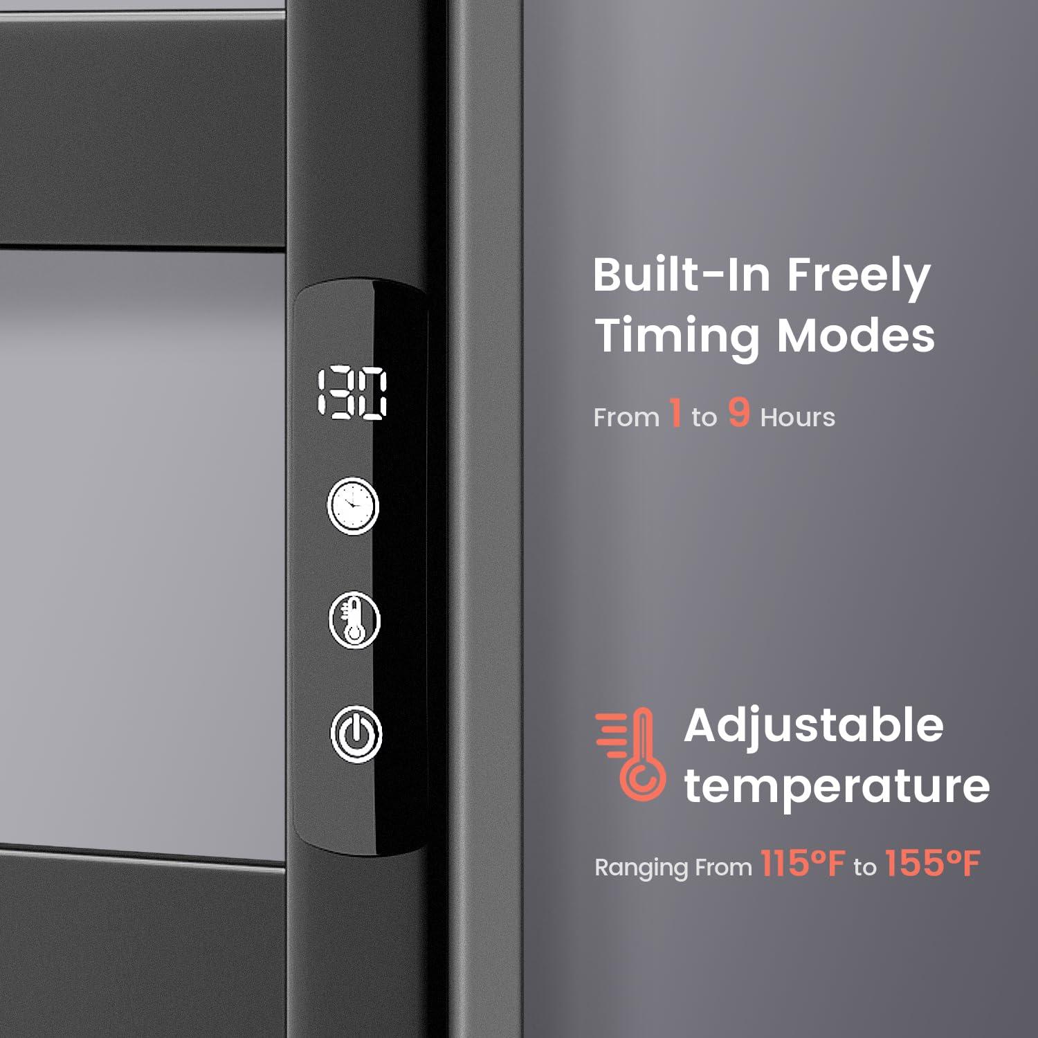 Towel Warmer,Stainless Steel Towel Warmer Rack for Bathroom -10 Bars Wall Mounted Towel Heater with Intelligent Touch Screen Timer, Hard Wired/Plug-in, Black