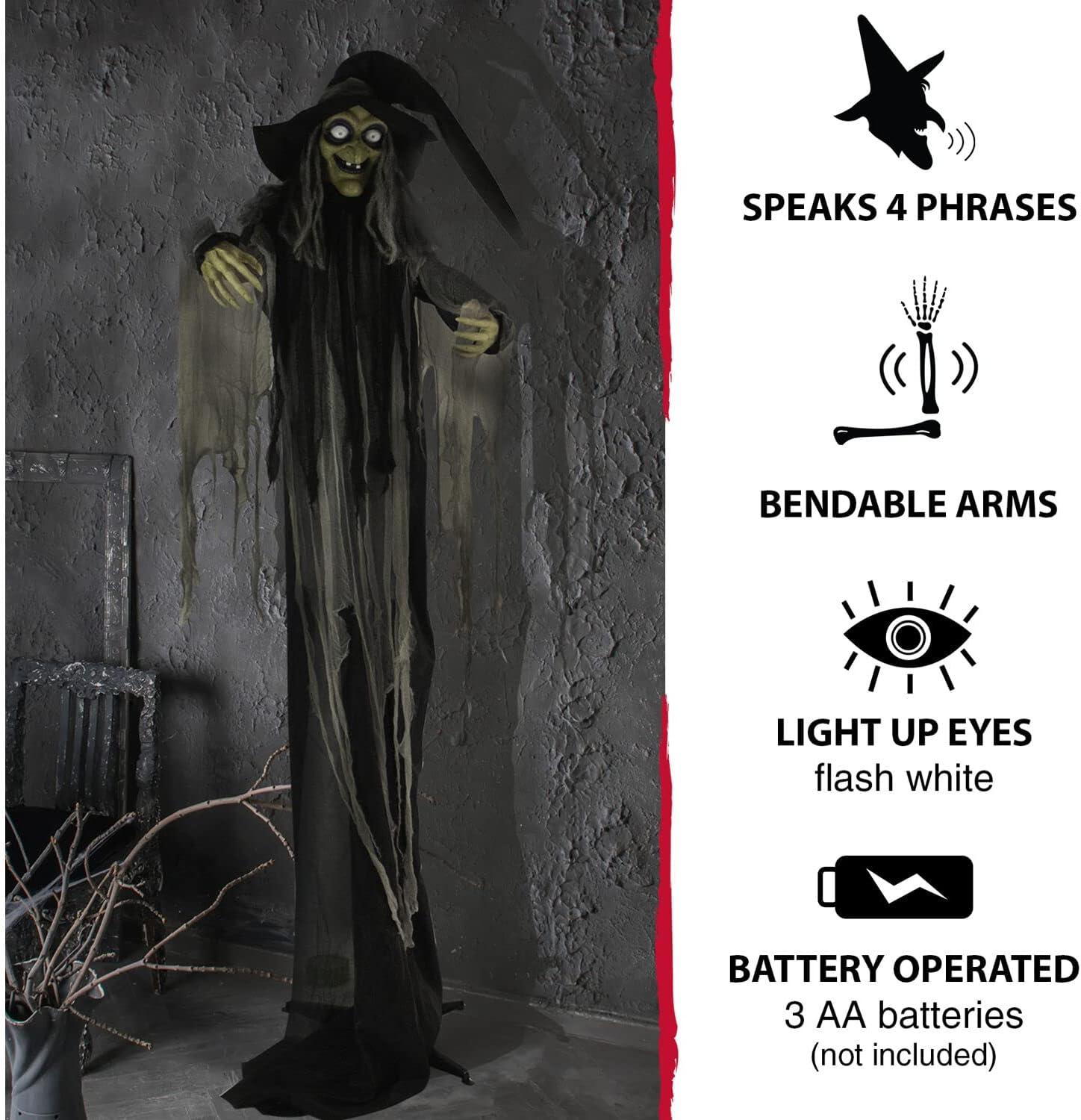 Haunted Hill Farm 9.5-Ft. Animatronic Witch, Indoor or Covered Outdoor Halloween Decoration, Light-up White Eyes, HHWITCH-16FLSA