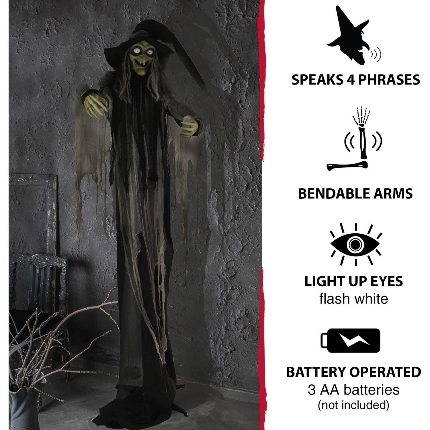 Haunted Hill Farm 9.5-Ft. Animatronic Witch, Indoor or Covered Outdoor Halloween Decoration, Light-up White Eyes, HHWITCH-16FLSA